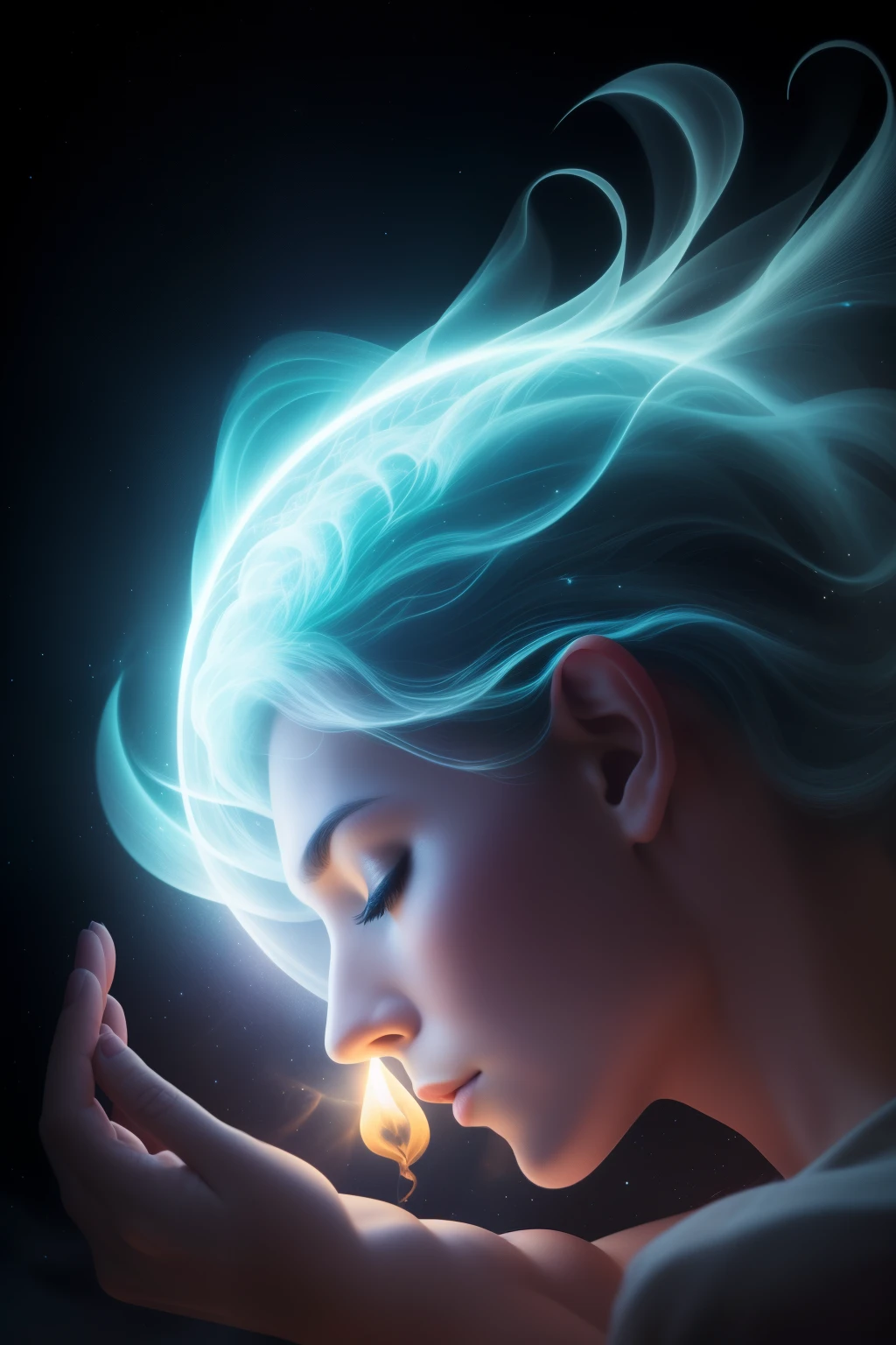 Photo of a mystic person sleeping during meditation, (Rooster profile), (The face could be formed by a nebulous galactic background), ((Detailed face:1.2)), ((deeply introspective facial features)), finely detailed skin, pale and radiant, shrouded in darkness, Bedroom environment, Lying on a mat, (Minimalist design), Surrounded by candles, Reflectors, (Mystical ambience) (Realistic) (Best Quality) (Detailed), photographed with a Canon EOS R5, 24mm TS-E Lens, F/4, nffsw, (8K) (Meditational