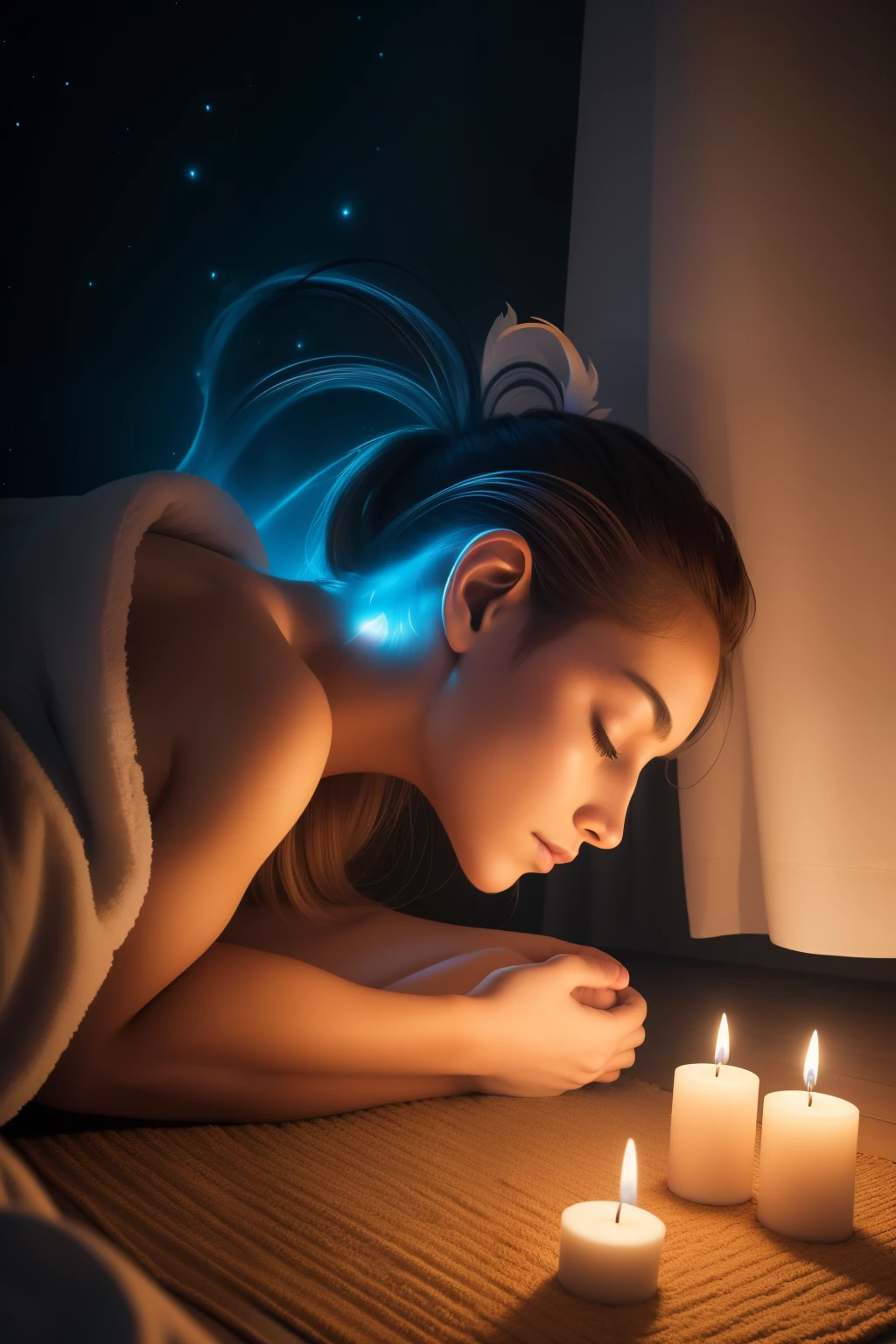 Photo of a mystic person sleeping during meditation, (Rooster profile), (The face could be formed by a nebulous galactic background), ((Detailed face:1.2)), ((deeply introspective facial features)), finely detailed skin, pale and radiant, shrouded in darkness, Bedroom environment, Lying on a mat, (Minimalist design), Surrounded by candles, Reflectors, (Mystical ambience) (Realistic) (Best Quality) (Detailed), photographed with a Canon EOS R5, 24mm TS-E Lens, F/4, nffsw, (8K) (Meditational