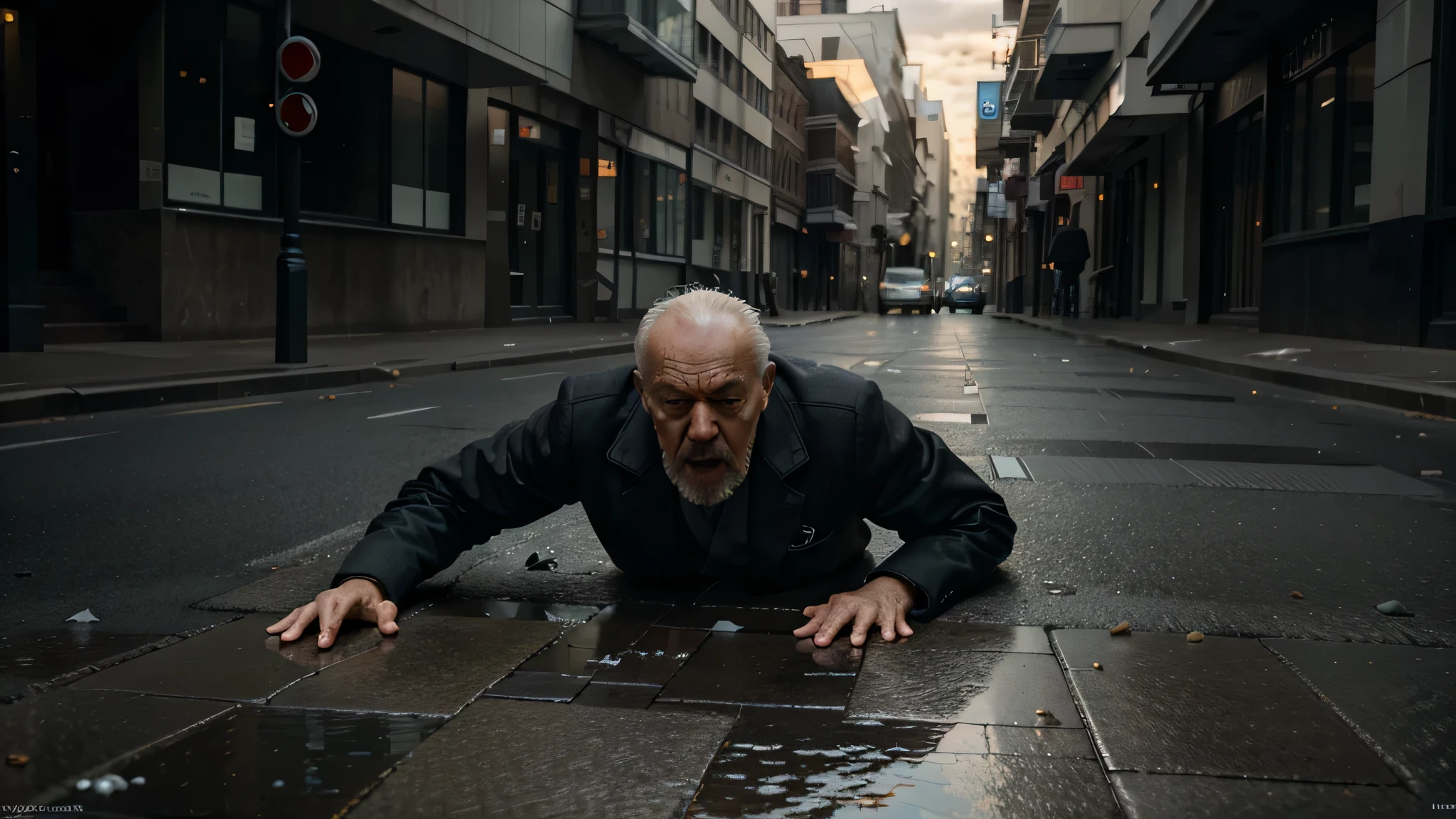 Loss of balance, in the ground, glass, street, outside, scream, old man,cold, 4k, ultra details, cinematic, high quality, best quality, photo-realistic, raw-photo, realistic, ultra realistic 8k cg, ultra-detailed, High definition, masterpiece, intricate details, detailed texture, finely detailed