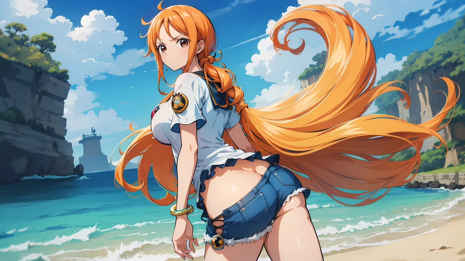 Gere uma imagem realista no estilo anime de Nami de One Piece 1 unica garota. (ass) ,Capture seu visual distinto com o cabelo laranja, Long Launch, Athletic Curve, mini camisa, (mini-saia), fundo dark florest