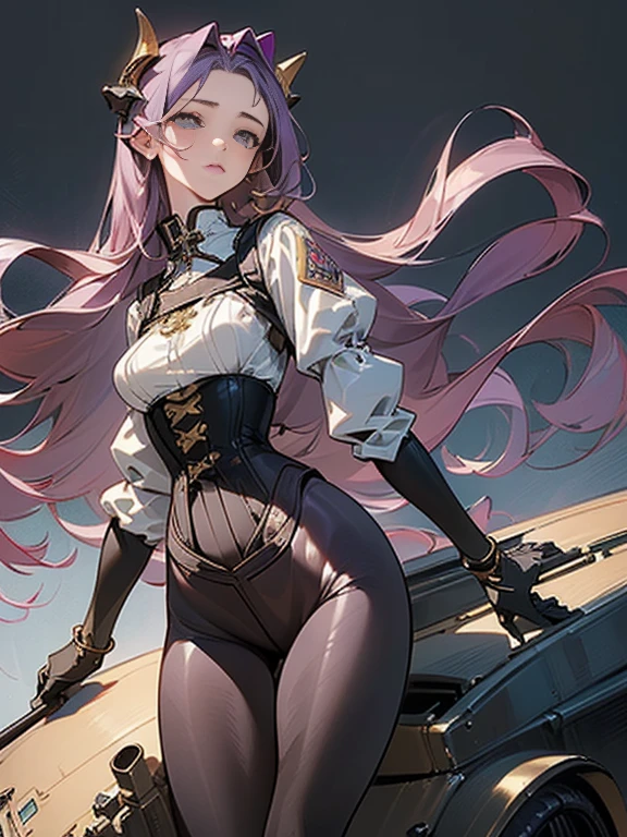 (((masterpiece)))、((highest quality))、(Super detailed)、(CG illustration)、(very beautiful girl))、cinematic light、((1 Mechanical Girl))、 SF、Apocalypse、Erotic grotesque、graduate school(beautiful and luxurious:1.2)、(1 girl:1.3)、facing the front,pale reddish-purple long hair,corset,(((((black high waist tight skirt)))))