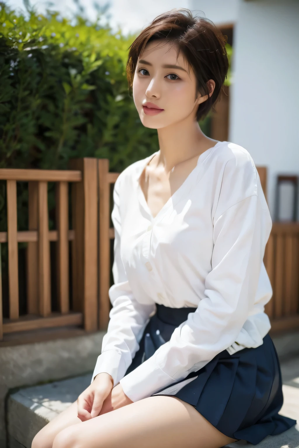 (highest quality,8k,masterpiece),
Very beautiful Japan model,detailed skin,realistic skin, lip gloss,rouge,
very short hair,pixie cut,
School_uniform, 大き目のイヤリング
big breasts,Peaches,
skirt, white shirt, big breasts,black stockings,