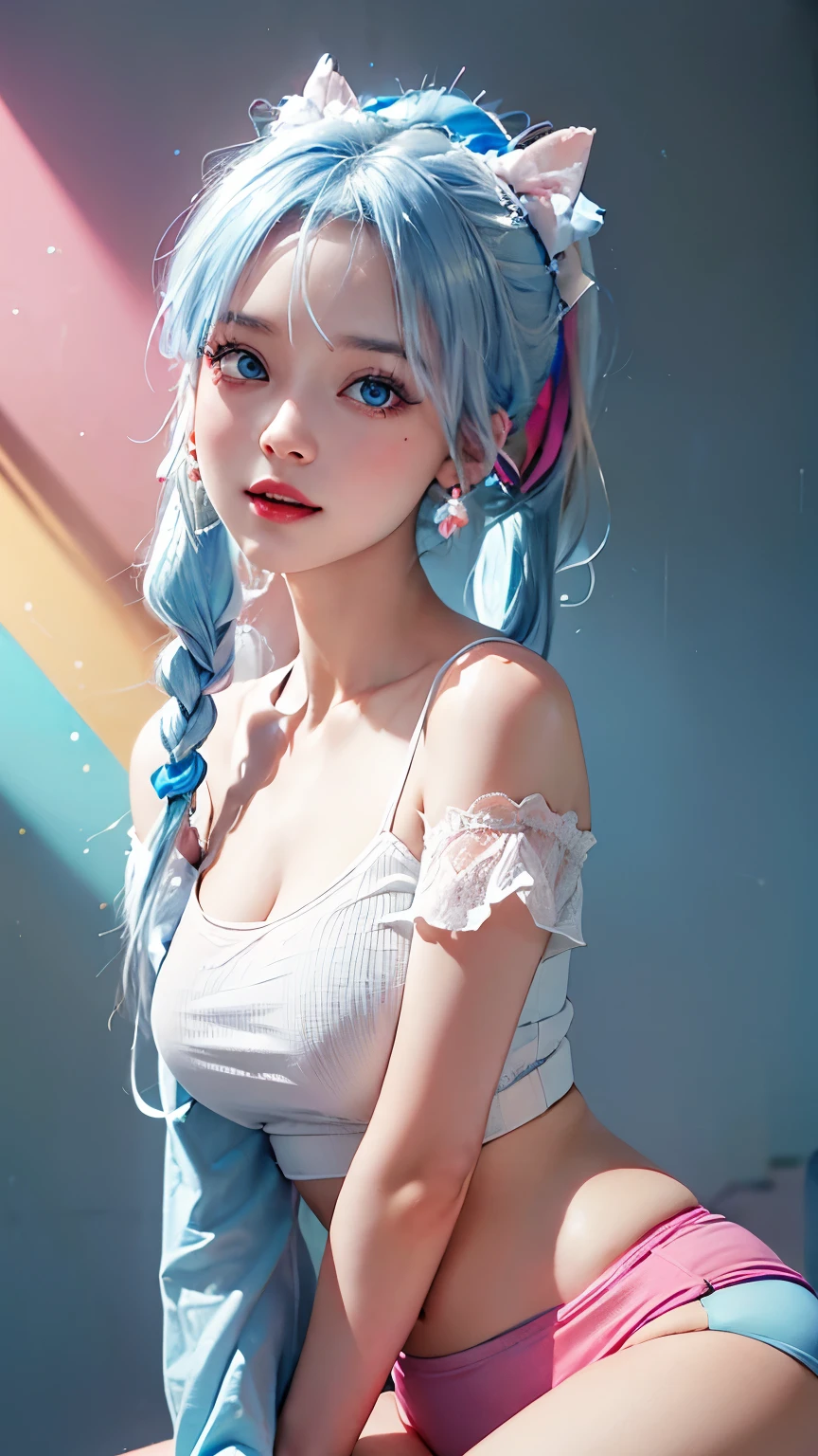 super quality, (8K, Original photo, valid), facing the camera，Positive face，Detailed and elegant images, superb and dynamic painting techniques., blue and white hair，high ponytail,（On both sides of the ears are two strands of white and blue hair.，Wear pink bands on both sides of your ears.），Very beautiful woman, annoying expression, shining blue eyes, big tits, He alone, extended, red pink lips, In a pink off-shoulder T-shirt, Background rainbow wall,Colorful，Colorful rainbow colors, professional torch lighting，Laughed widely