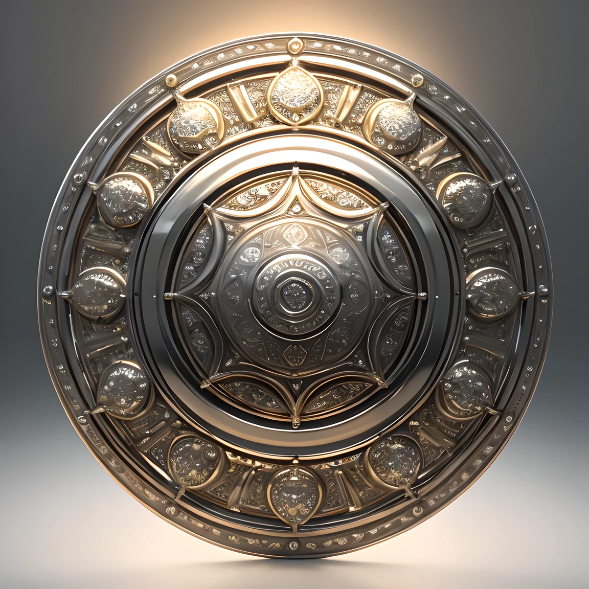 shield exhibition, unmanned, Giant shield inlaid with white gold, Platinum engraved magical inscription，Demonstrate superb level of craftsmanship and art, Shining with magic,complex patterns, Multiple color combinations, Masterpieces of the highest quality, 3D style, 3d rendering，studio lights, museum background