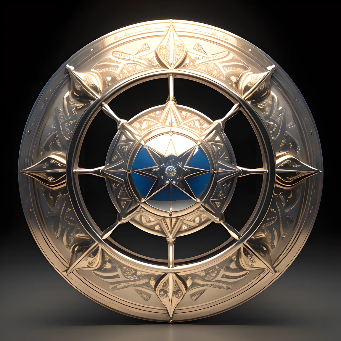 shield exhibition, unmanned, Giant shield inlaid with white gold, Platinum engraved magical inscription，Demonstrate superb level of craftsmanship and art, Shining with magic,complex patterns, Multiple color combinations, Masterpieces of the highest quality, 3D style, 3d rendering，studio lights, museum background