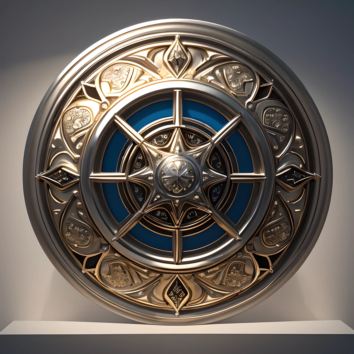 shield exhibition, unmanned, Giant shield inlaid with white gold, Platinum engraved magical inscription，Demonstrate superb level of craftsmanship and art, Shining with magic,complex patterns, Multiple color combinations, Masterpieces of the highest quality, 3D style, 3d rendering，studio lights, museum background