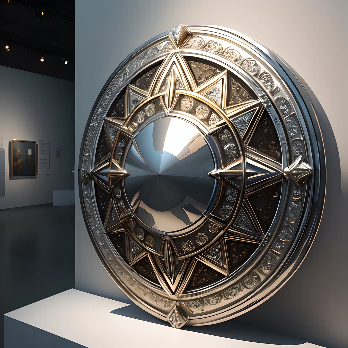 shield exhibition, unmanned, Giant shield inlaid with white gold, Platinum engraved magical inscription，Demonstrate superb level of craftsmanship and art, Shining with magic,complex patterns, Multiple color combinations, Masterpieces of the highest quality, 3D style, 3d rendering，studio lights, museum background