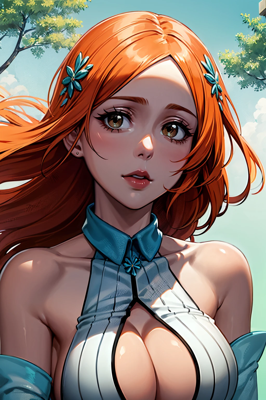 (masterpiece), best quality, expressive eyes, perfect face, looking at viewer, 1girl, solo, upper body, (medium close-up), brown eyes, orange hair, long hair, mouth shut, forest, fall, lake, sky, hair ornament, center opening, detached sleeves, Inouedress
