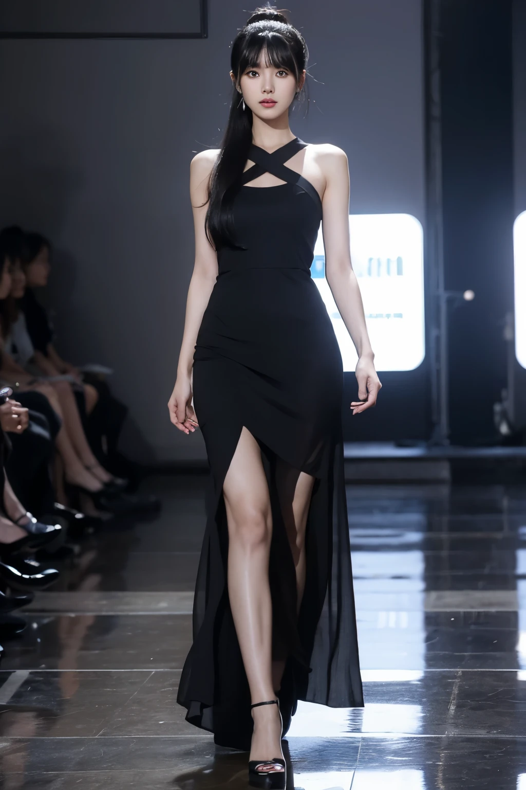 South Korean woman, very beautiful, perfect face, long black hair with bangs and ponytail, she is a model and is parading on a catwalk in a long rainbom dress, perfect full body. She's being photographed