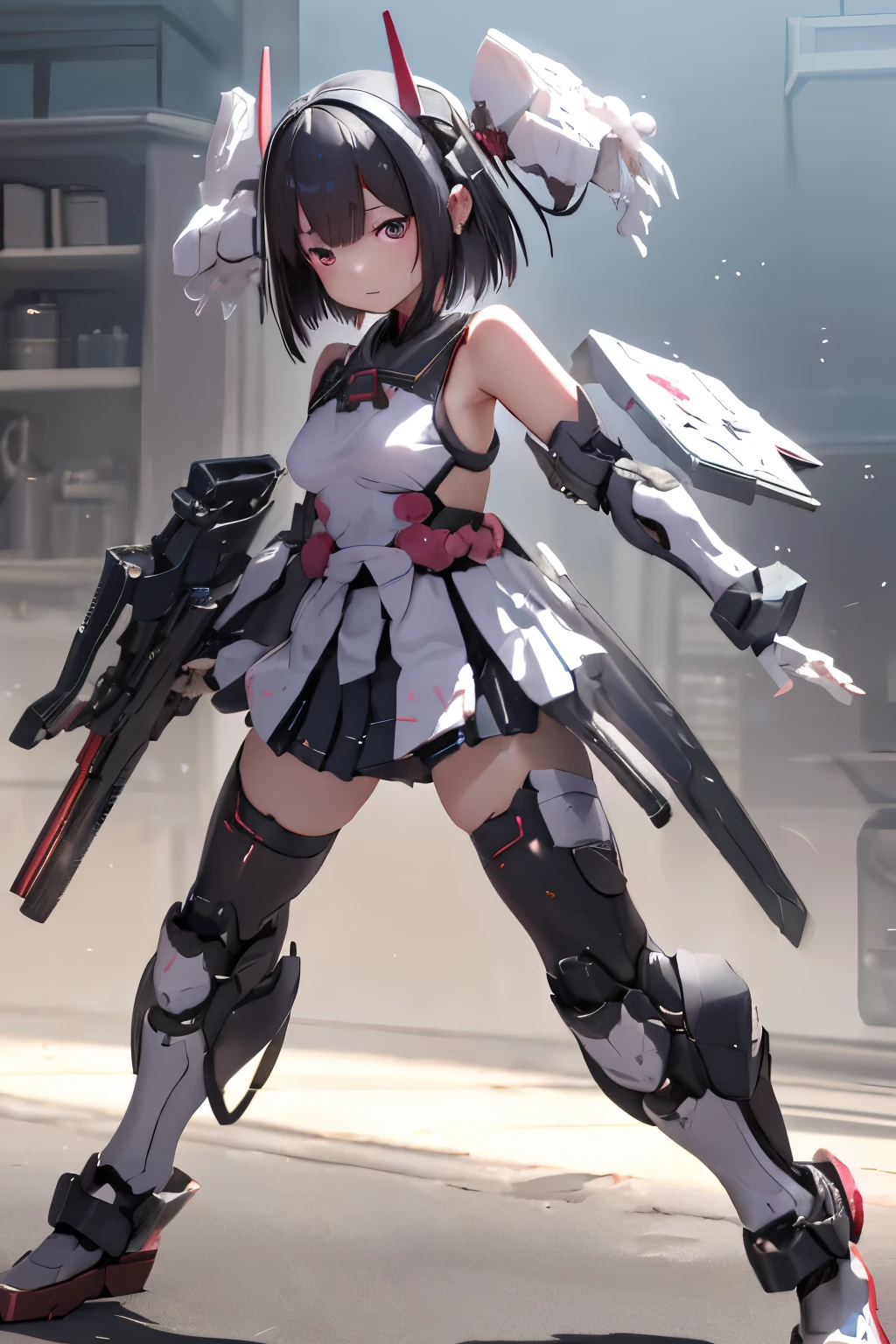 (highest quality)), ((masterpiece)), (very detailed: 1.3), 3D, {(japanese young girl)}, japanese girl wear gothic ****ta clothes with white frills under armor, (She is fused with futuristic Gundam mecha:1.2), with headgear, with v-fin , armored shoulders,armored under arms, armored under legs, multilayer textureperfect proportions, octane rendering, duotone lighting, Low ISO, wide aperture, White balance, Rule of thirds, ultra HD16k, HDR (High Dynamic Range), Ray Tracing, NVIDIA RTX, Super Resolution, Subsurface Scattering, PBR Texturing, Post Processing, Anisotropic Filtering, Depth of Field, Maximum Clarity and Clarity, High efficiency subpixel, subpixel convolution, particles of light, light scattered, Tyndall effect, full body:1.5, battle pose, cute, (cute:1.2), (bob cut:1.3),三つ編み, 黒髪, 太い眉毛, 薄い色の虹彩, 大きくて輝いている黒い瞳, 長いまつげ, 小さく薄い色の自然な唇, (Average face of Japanese idols), (日本人特有の童顔:1.3), (baby face), 広いおでこ:1.2, ふっくらした頬, 小さな顎, visible side boob, (holding a huge weapon:1.5), in the hangar,looking at viewer,Focus on the eyes 