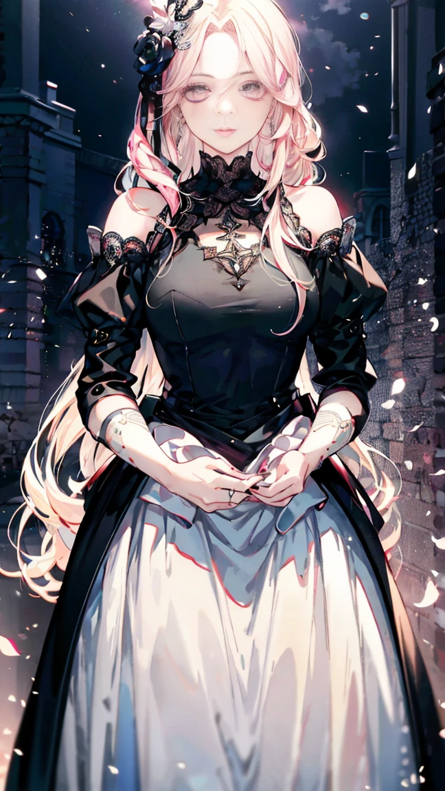 detailed depiction of the face,1 Lady,mature woman,Black Dress Long Dress,(pink white long hair),(dark night background),prom, That's a perfect face, perfect hands, perfect fingers, perfect lips, perfect eyes, perfect background