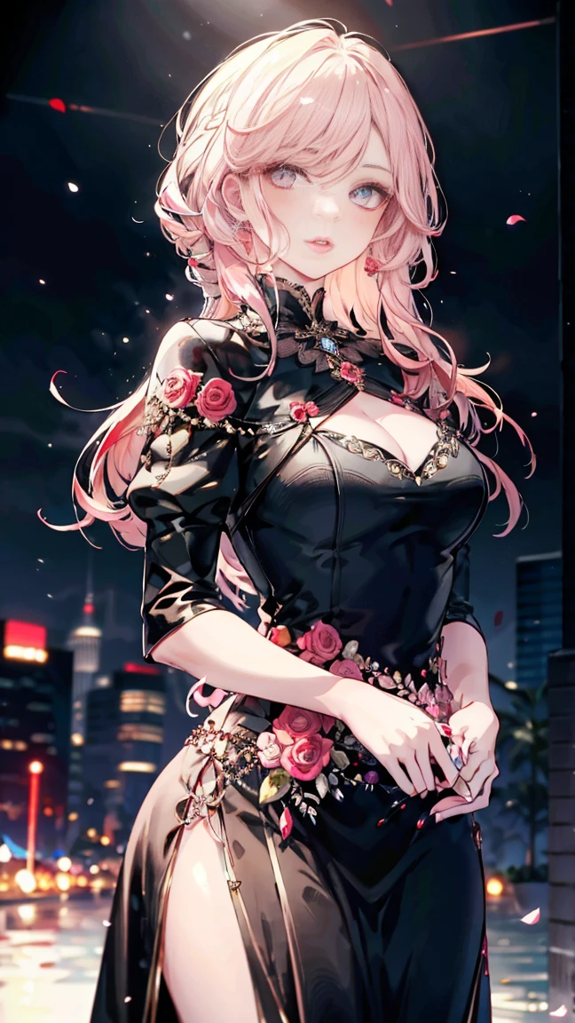 detailed depiction of the face，1 Lady，mature woman，Black Dress Long Dress，(pink white long hair)，(dark night background)，prom，  That&#39;s a perfect face， perfect hands， perfect fingers， perfect lips， perfect eyes， perfect background