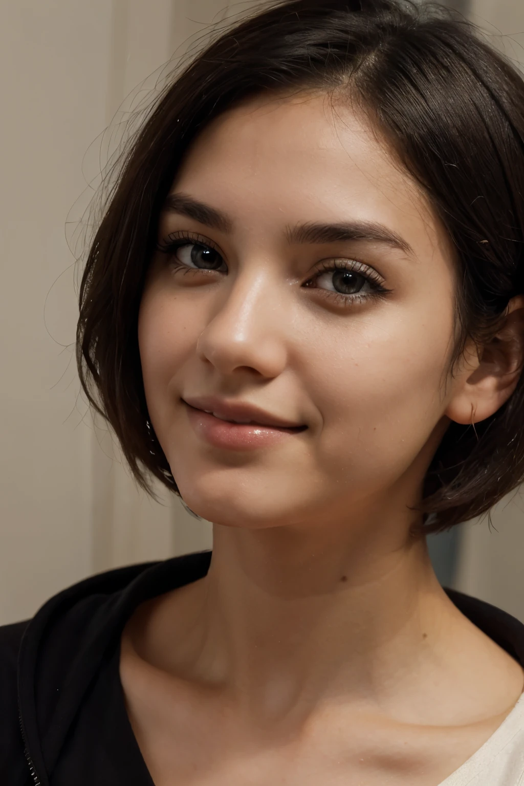 {masterpiece},{best quality},{1girl}, cute, Amazing, beautiful detailed eyes, dark brown eyes, short hair, black hair,finely detail,Depth of field,extremely detailed CG,original, extremely detailed wallpaper, face picture, black sweatshirt, 16 years, brazilian, v-shaped face, thin nose, face slightly to the side, smile, unfocused background