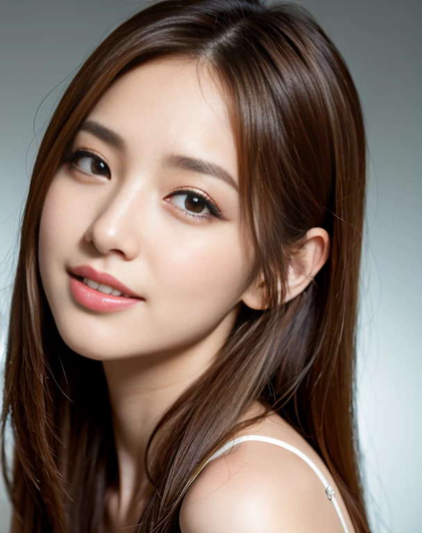 beautiful,K-POP idol,japanese idol,japanese actress,High resolution,beautiful skin,8K,RAW photo,highest quality,masterpiece,realistic,photo-realistic,clear,professional lighting,beautiful顔,highest quality,超High resolution,sexy,beautiful唇,white teeth,beautiful歯列,smile,1 girl, (thick eyeliner), light brown hair, natural looking makeup, thick eyeshadow, extremally thin eyebrows, Highlighted eyes with eyeliner, wavy hair