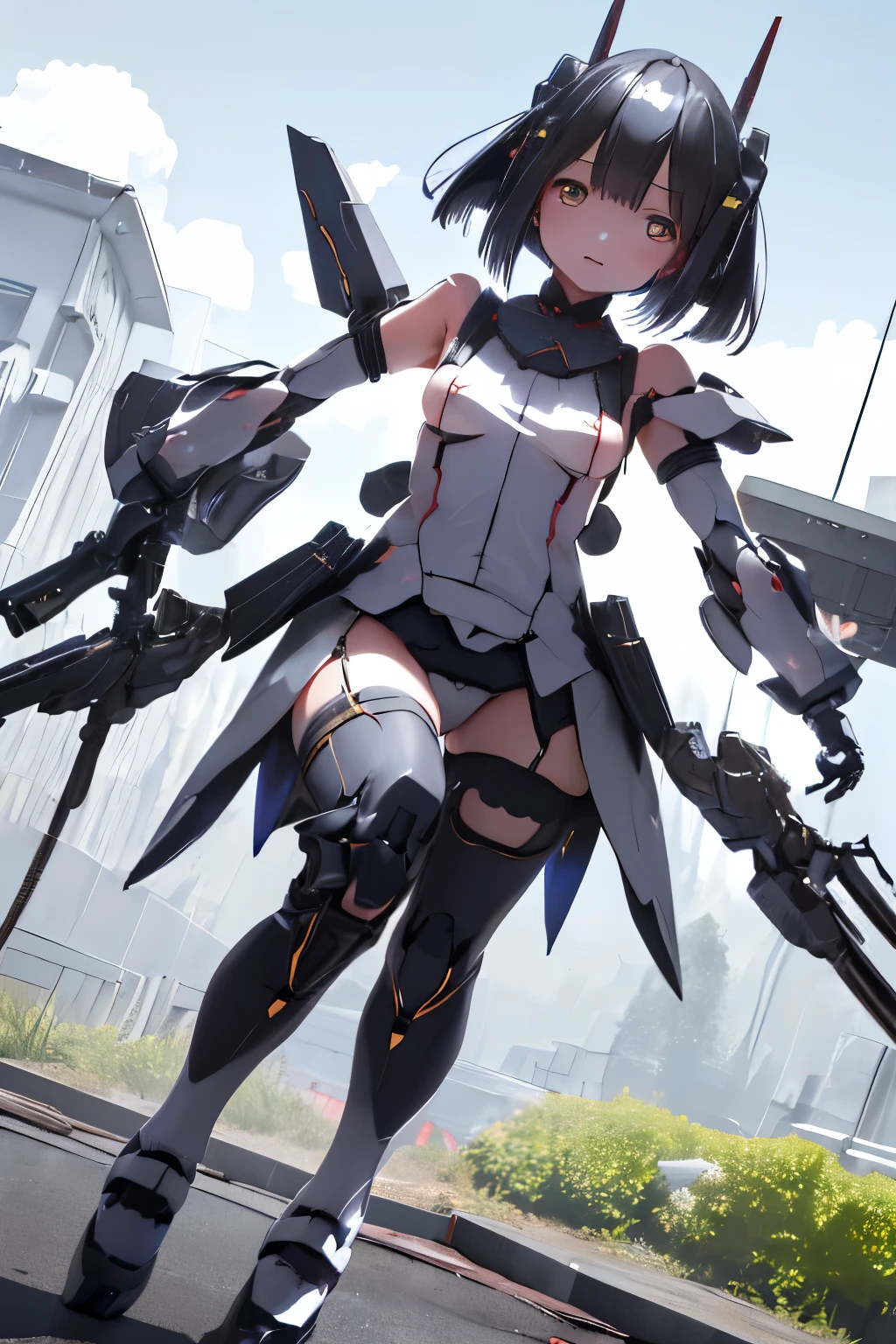 (highest quality)), ((masterpiece)), (very detailed: 1.3), 3D, {(japanese young girl)}, japanese girl wear gothic ta clothes with white frills under armor, (She is fused with futuristic Gundam mecha:1.2), with headgear, with v-fin , armored shoulders,armored under arms, armored under legs, multilayer textureperfect proportions, octane rendering, duotone lighting, Low ISO, wide aperture, White balance, Rule of thirds, ultra HD16k, HDR (High Dynamic Range), Ray Tracing, NVIDIA RTX, Super Resolution, Subsurface Scattering, PBR Texturing, Post Processing, Anisotropic Filtering, Depth of Field, Maximum Clarity and Clarity, High efficiency subpixel, subpixel convolution, particles of light, light scattered, Tyndall effect, full body:1.5, battle pose, cute, (cute:1.2), (bob cut:1.3),三つ編み, 黒髪, 太い眉毛, 薄い色の虹彩, 大きくて輝いている黒い瞳, 長いまつげ, 小さく薄い色の自然な唇, (Average face of Japanese idols), (日本人特有の童顔:1.3), (baby face), 広いおでこ:1.2, ふっくらした頬, 小さな顎, visible side boob, (holding a huge weapon:1.5), in the hangar,looking at viewer,Focus on the eyes