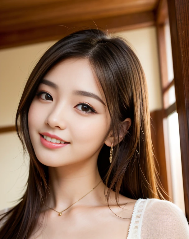 beautiful,K-POP idol,japanese idol,japanese actress,High resolution,beautiful skin,8K,RAW photo,highest quality,masterpiece,realistic,photo-realistic,clear,professional lighting,beautiful顔,highest quality,超High resolution,sexy,beautiful唇,white teeth,beautiful歯列,smile,1 girl, (thick eyeliner), light brown hair, natural looking makeup, thick eyeshadow, extremally thin eyebrows, Highlighted eyes with eyeliner, wavy hair