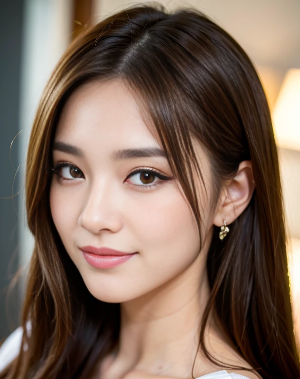 beautiful,K-POP idol,japanese idol,japanese actress,High resolution,beautiful skin,8K,RAW photo,highest quality,masterpiece,realistic,photo-realistic,clear,professional lighting,beautiful顔,highest quality,超High resolution,sexy,beautiful唇,white teeth,beautiful歯列,smile,1 girl, (thick eyeliner), light brown hair, natural looking makeup, thick eyeshadow, extremally thin eyebrows, Highlighted eyes with eyeliner, wavy hair