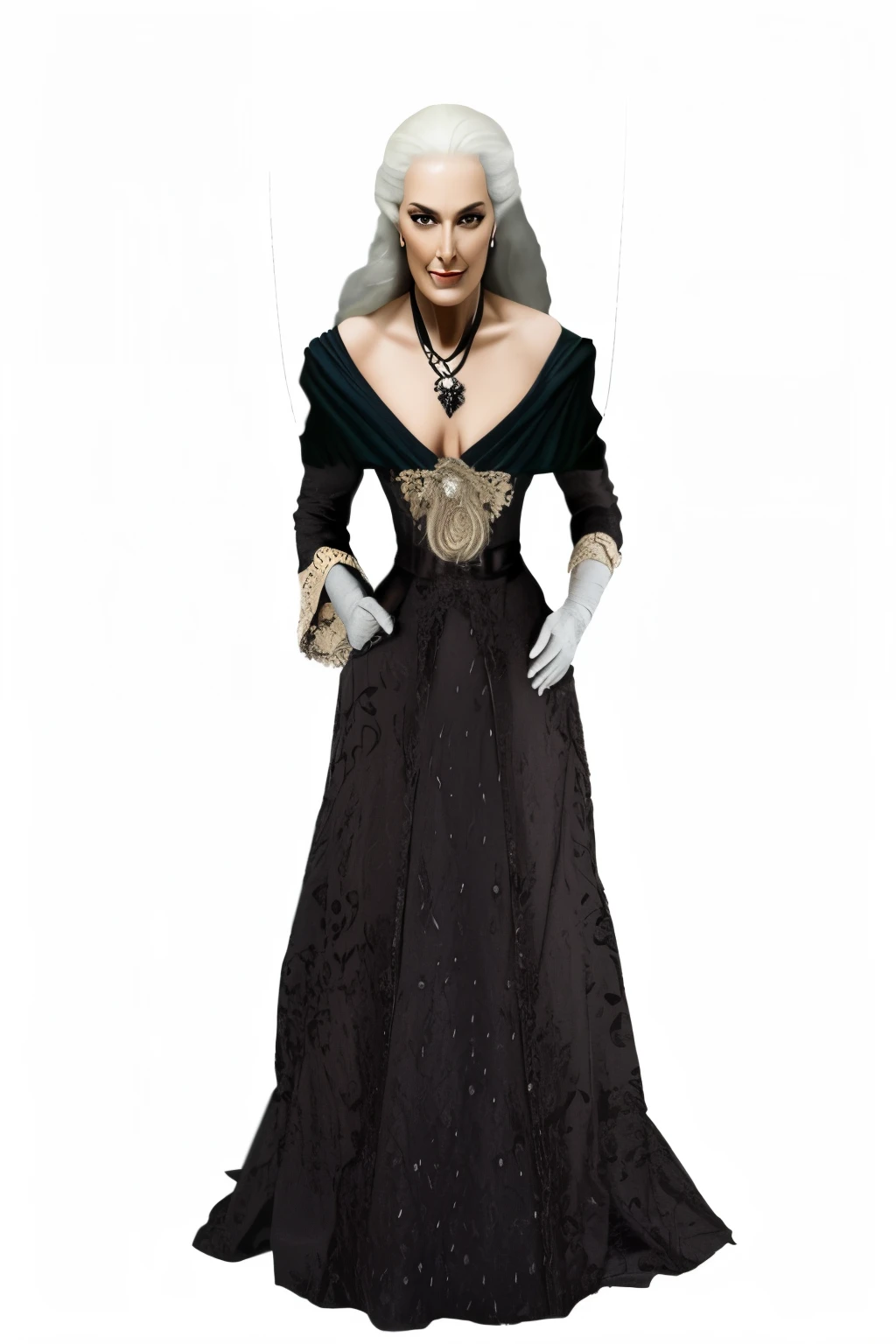 pintura realista senhora de cabelos brancos idosa, bruxa com colar de bruxa um close de uma mulher em um vestido com cabelo branco, granny weatherwax, vampiro vitoriano elegante, mother of wizards, full view of the black sorceress, bruxa feiticeira do mal, dark fantasy female magician, classical witch, Carmen Dell ' Orefice, Pose de corpo inteiro de feiticeira escura, figura de samhain, Bruxa Vestida Escura, gothic maiden
