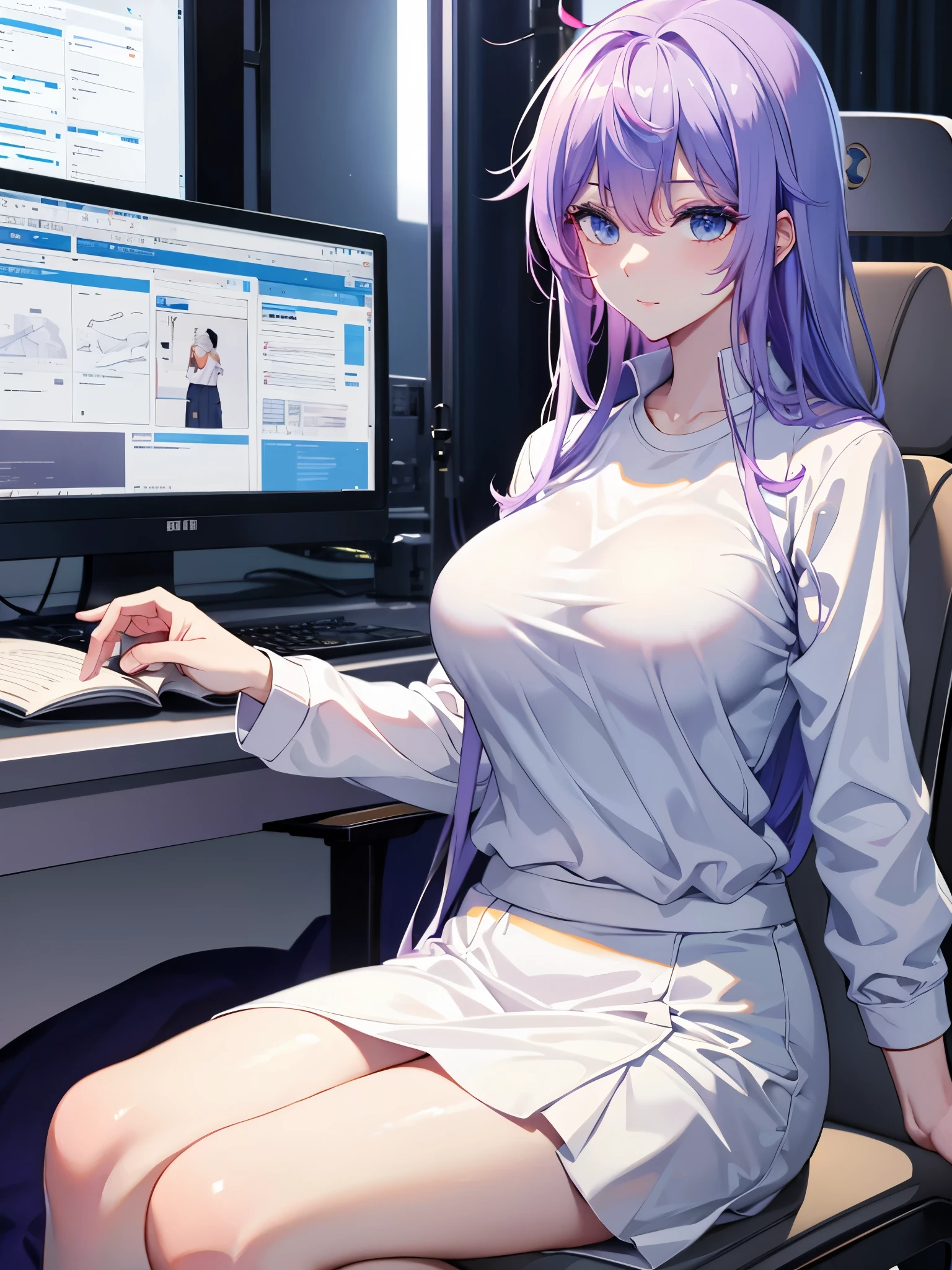 Tang Wutong, big breast, wearing a jacket and white t-shirt and skirt, sitting on a chair, hospital
