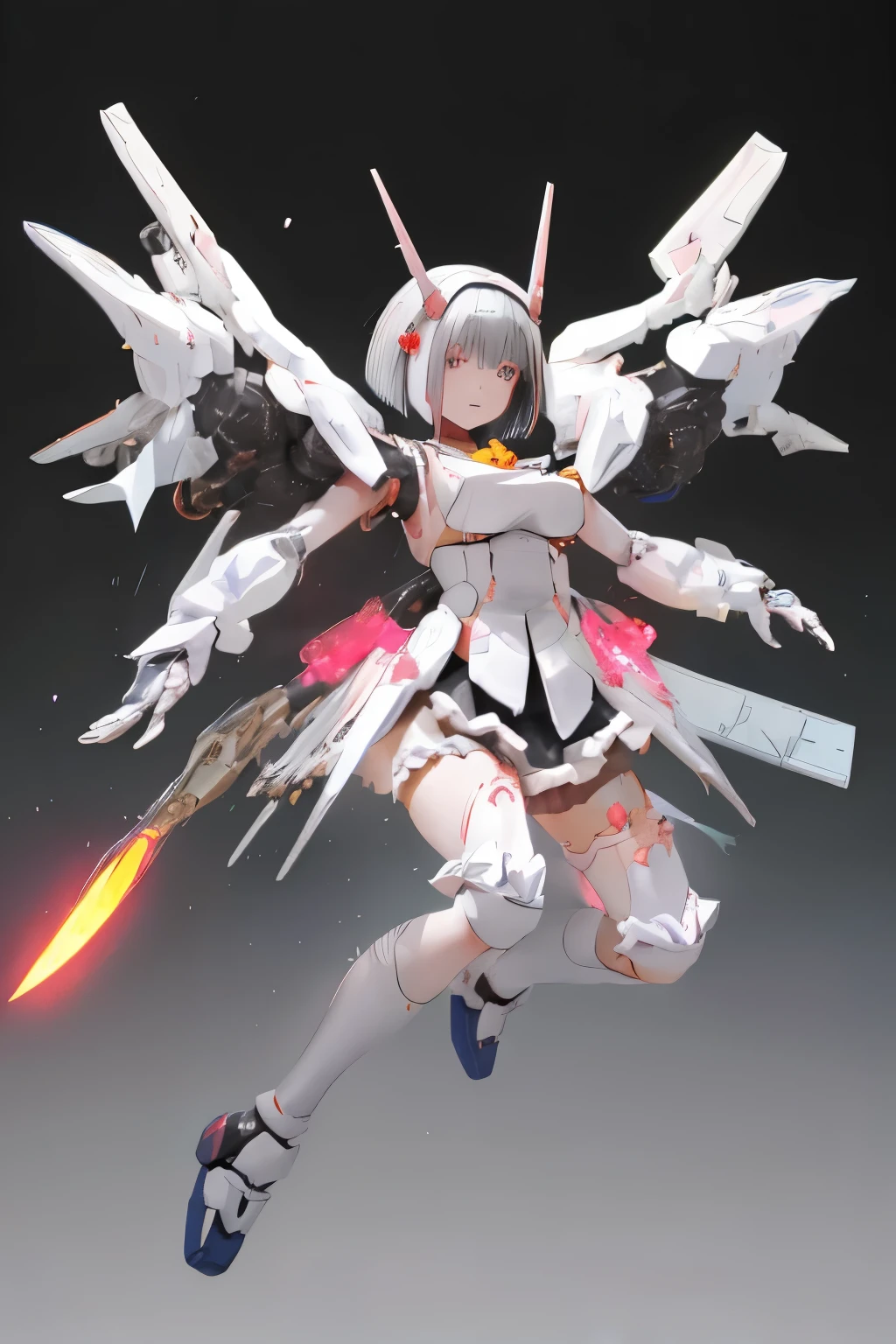 (highest quality)), ((masterpiece)), (very detailed: 1.3), 3D, {(japanese young girl)}, japanese girl wear gothic lolita clothes with white frills under armor, (She is fused with futuristic Gundam mecha:1.2), with headgear, with v-fin , armored shoulders,armored under arms, armored under legs, multilayer textureperfect proportions, octane rendering, duotone lighting, Low ISO, wide aperture, White balance, Rule of thirds, ultra HD16k, HDR (High Dynamic Range), Ray Tracing, NVIDIA RTX, Super Resolution, Subsurface Scattering, PBR Texturing, Post Processing, Anisotropic Filtering, Depth of Field, Maximum Clarity and Clarity, High efficiency subpixel, subpixel convolution, particles of light, light scattered, Tyndall effect, full body:1.5, battle pose, cute, (cute:1.2), (bob cut:1.3),三つ編み, 黒髪, 太い眉毛, 薄い色の虹彩, 大きくて輝いている黒い瞳, 長いまつげ, 小さく薄い色の自然な唇, (Average face of Japanese idols), (日本人特有の童顔:1.3), (), 広いおでこ:1.2, ふっくらした頬, 小さな顎, visible side boob, (holding a huge weapon:1.5), in the hangar,looking at viewer,Focus on the eyes