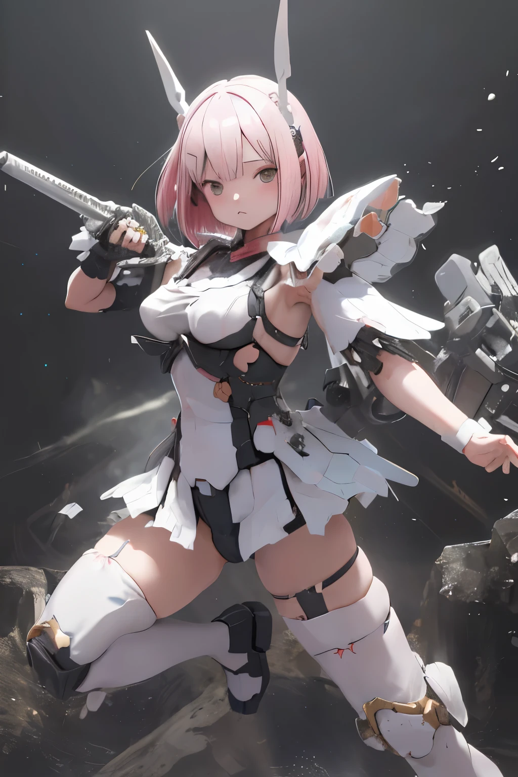 (highest quality)), ((masterpiece)), (very detailed: 1.3), 3D, (wear nurse uniform under armor:1.3), 1 girl, (She is fused with futuristic Gundam mecha:1.3), with headgear, add v-fin to the forehead, armored shoulders,armored under arms, armored under legs, 2 long range railguns attached on back, 近未来都市の背景, multilayer textureperfect proportions, octane rendering, duotone lighting, Low ISO, wide aperture, White balance, Rule of thirds, ultra HD16k, HDR (High Dynamic Range), Ray Tracing, NVIDIA RTX, Super Resolution, Subsurface Scattering, PBR Texturing, Post Processing, Anisotropic Filtering, Depth of Field, Maximum Clarity and Clarity, High efficiency subpixel, subpixel convolution, particles of light, light scattered, Tyndall effect, full body:1.5, battle pose, cute, (cute:1.2), (セミロング:1.3),三つ編み, 黒髪, 太い眉毛, 薄い色の虹彩, 大きくて輝いている黒い瞳, 長いまつげ, 小さく薄い色の自然な唇, (Average face of Japanese idols), (日本人特有の童顔:1.3), (baby face), 広いおでこ:1.2, ふっくらした頬, 小さな顎, visible side boob, looking at viewer,Focus on the eyes, (完璧な4本の指, 親指1本),