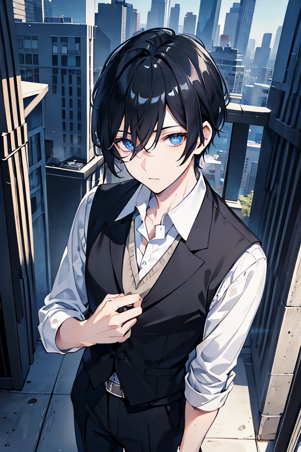 male　black hair　blue eyes　sweater　Check slacks　vest　In town　building　skyscraper　　mask　night view 　rush hour　look up　cool　masterpiece　Highest image quality　noise removal　clear parts 　cinematic shadow　Increased attractiveness of the eyes　clear parts the shine of the eyes　Draw eyelashes neatly　perfect eyes　detailed eyes　Sharpen image quality　Sharpen eye writing　clear parts eye shape