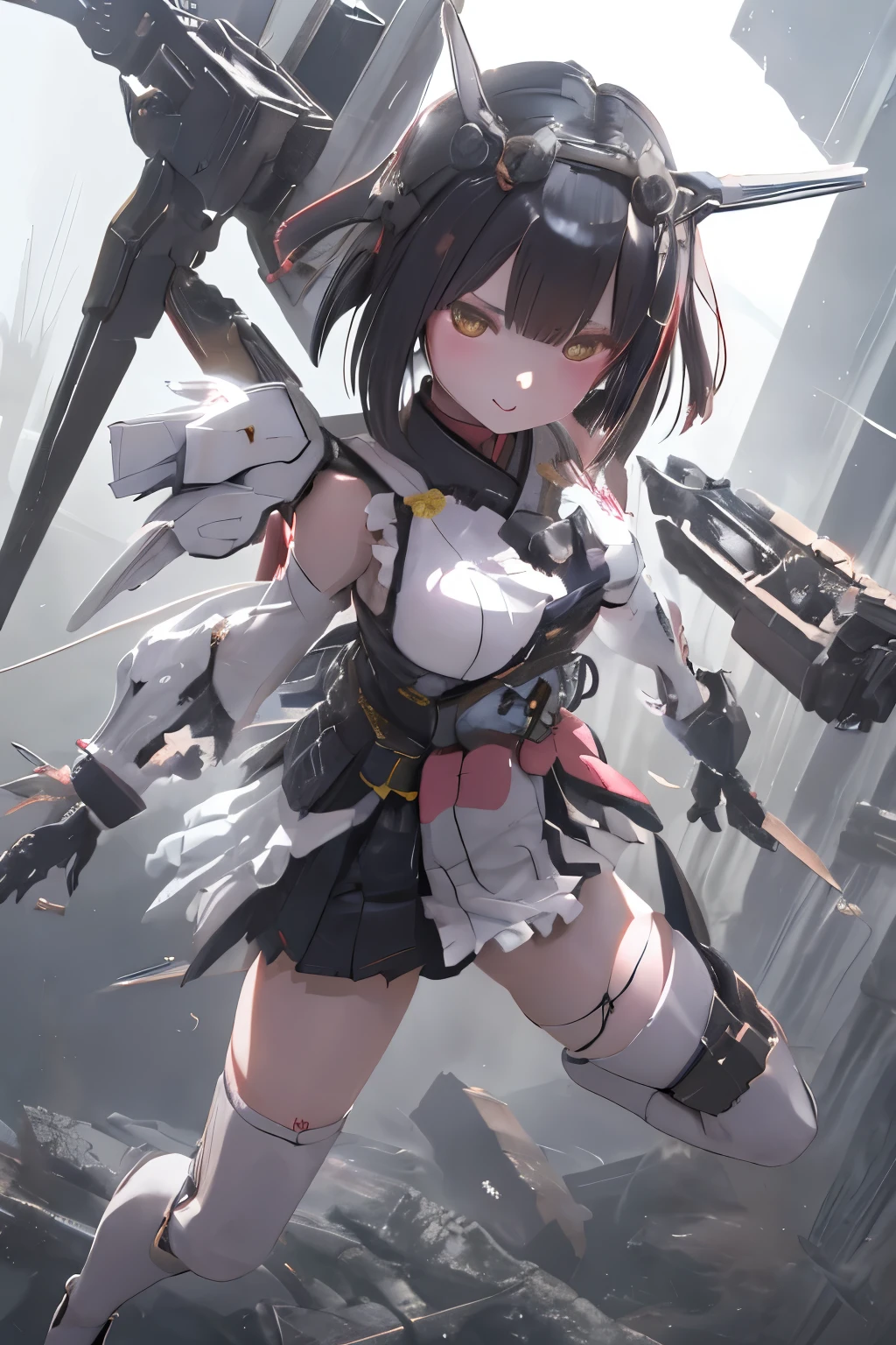 (highest quality)), ((masterpiece)), (very detailed: 1.3), 3D, {(japanese young girl)}, japanese girl wear gothic ****ta clothes with white frills under armor, (She is fused with futuristic Gundam mecha:1.2), with headgear, with v-fin , armored shoulders,armored under arms, armored under legs, multilayer textureperfect proportions, octane rendering, duotone lighting, Low ISO, wide aperture, White balance, Rule of thirds, ultra HD16k, HDR (High Dynamic Range), Ray Tracing, NVIDIA RTX, Super Resolution, Subsurface Scattering, PBR Texturing, Post Processing, Anisotropic Filtering, Depth of Field, Maximum Clarity and Clarity, High efficiency subpixel, subpixel convolution, particles of light, light scattered, Tyndall effect, full body:1.5, battle pose, cute, (cute:1.2), (bob cut:1.3),三つ編み, 黒髪, 太い眉毛, 薄い色の虹彩, 大きくて輝いている黒い瞳, 長いまつげ, 小さく薄い色の自然な唇, (Average face of Japanese idols), (日本人特有の童顔:1.3), (baby face), 広いおでこ:1.2, ふっくらした頬, 小さな顎, visible side boob, (holding a huge weapon:1.5), in the hangar,looking at viewer,Focus on the eyes 