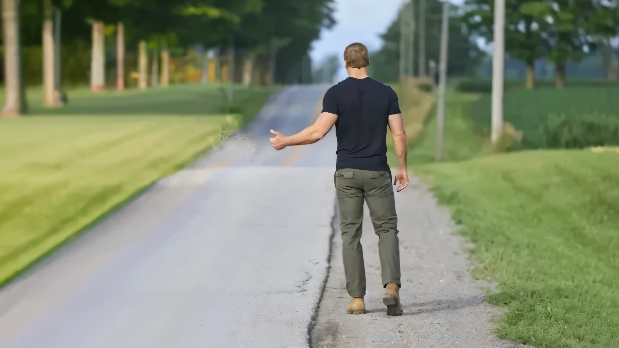 there is a man that is walking down the road with a skateboard, standing in road, walking away from camera, man walking, standing bravely on the road, walking away, walking away from the camera, standing in street, on a road, walking down a street, lonely human walking, wearing pants and a t-shirt, dirt road, paved roads, roadside