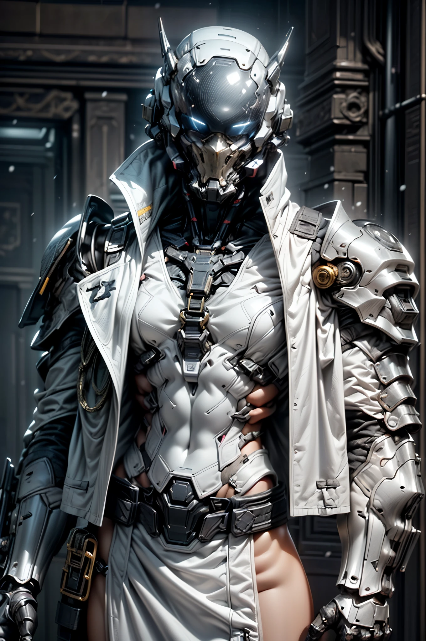 (((An epic and visually stunning digital anime masterpiece:1.5, art piece featuring a ((mid 30’s feminine male:1.5)) elegant military mechanical soldier clad in a sleek yet tactical decorated military trench coat:1.5))), (((snow white skin, flat masculine male chest, beautifully elegant military mechanical mecha head with elegant mecha wings:1.6, with an angular masculine male facial structure:1.4, metal jaw))), (((large bright vibrant blue eyes:1.5))), (((the character is clothed in a scifi tactical double breasted trench coat with a built in exoskeleton:1.6))), (((over a form fitted armor plated yet super sleek and sensually revealing under suit, waist and thighs exposed:1.6, snow white skin:1.5))), ((The image showcases the intricacies of the character’s armor and clothing:1.4)), ((capturing their flamboyant feminine essence and heavy mechanical art deco aesthetic:1.5)), ((The character also possesses a more masculine androgynous charm:1.4)), (((with a toned yet heavily muscled gorgeous feminine physique:1.4, a sleek waist:1.4, mesomorphic mechanical muscular torso, toned yet beautifully sleek mechanical arms and legs with thick thighs:1.6, mechanical muscles))), ((looking at viewer)), (((brass metal armor and brown leather))), ((((depth of field, cinematic lighting, chromatic aberration, ray tracing, UHD, masterpiece, top of head covered, super detail, high details, high quality, award winning, 8k, highres)))), (((dieselpunk:1.4, decopunk:1.4)))