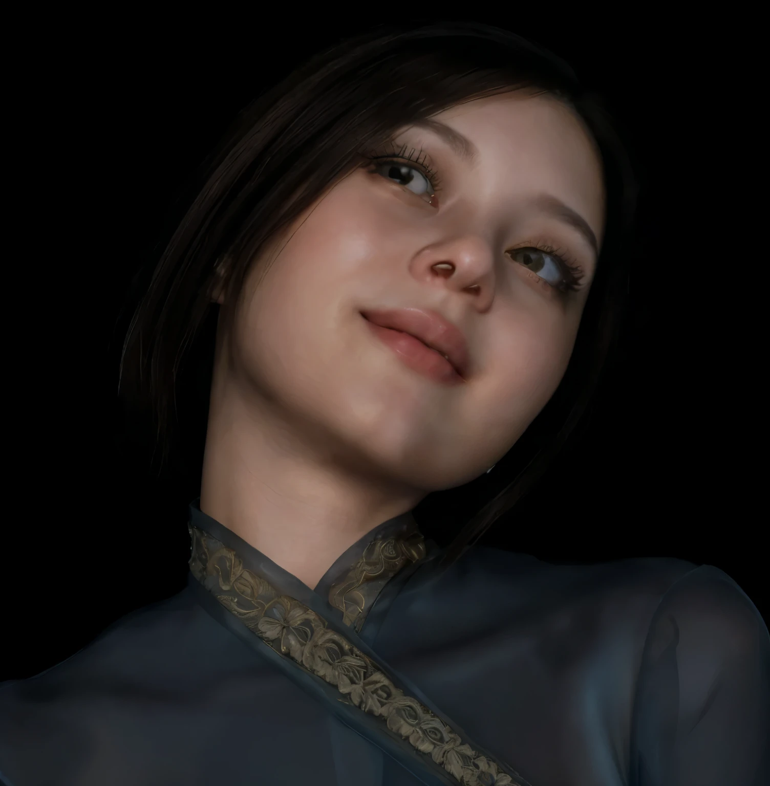 young girl sitting and thinking, middle length brown hair, open smile, ultra realistic sharp image (CG 8k wallpaper extremely detailed, masterpiece, best quality, ultra-detailed), (better lighting, better shadow, extremely delicate and beautiful), floating, high saturation, dynamic angle, ((1girl)), gorgeous, ningguang(orchid evening dress) white hair, red eyes, very long hair, hair ornament, bangs