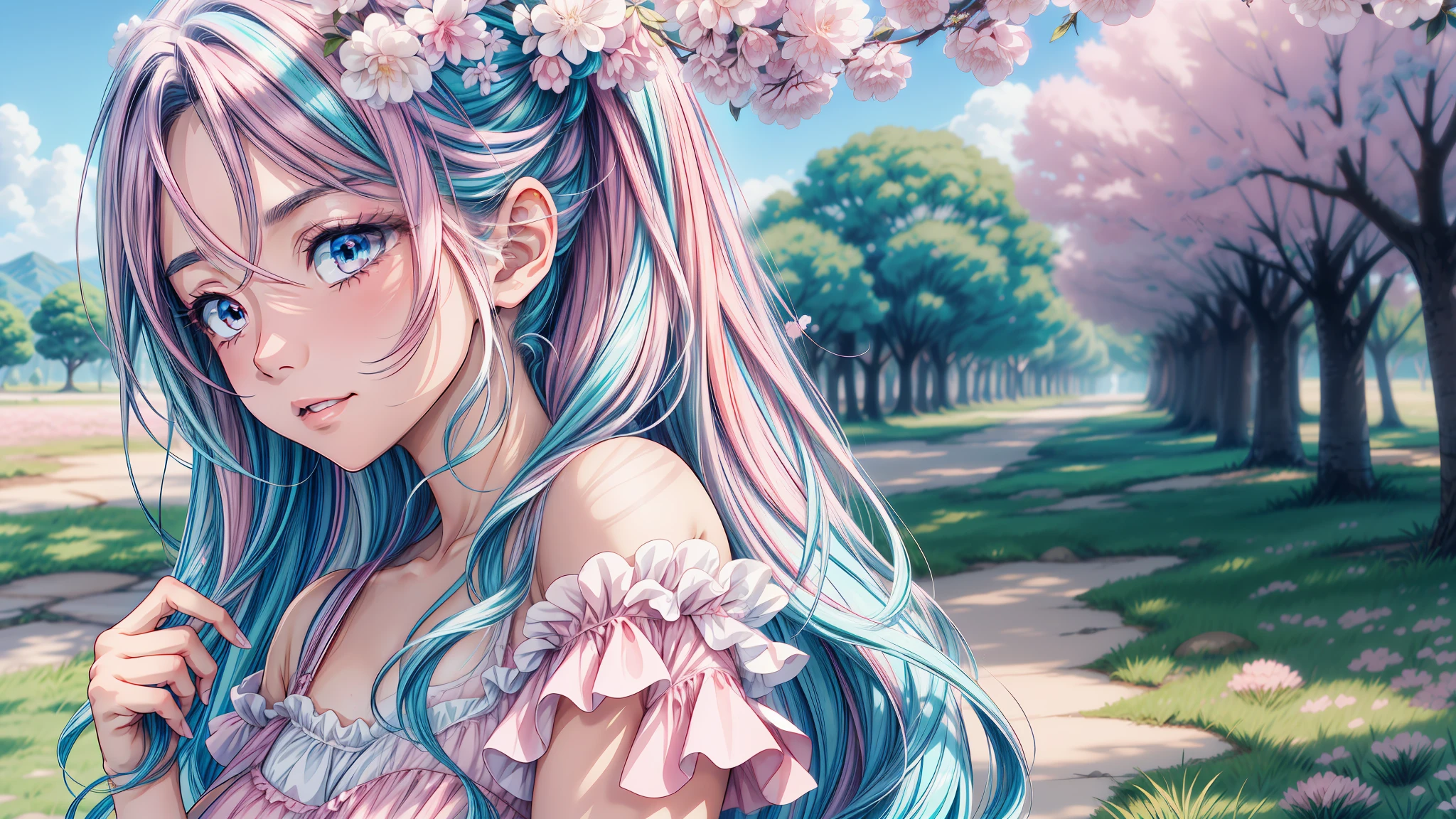Estilo de anime detallado, Hermosas e impresionantes obras de arte, Sombras brillantes, colores fuertes, Pastel cotton candy, una mujer hermosa, pelo rosado, ojos azules, hermoso paisaje, Hojas de flor de cerezo, Linear and detailed illustration