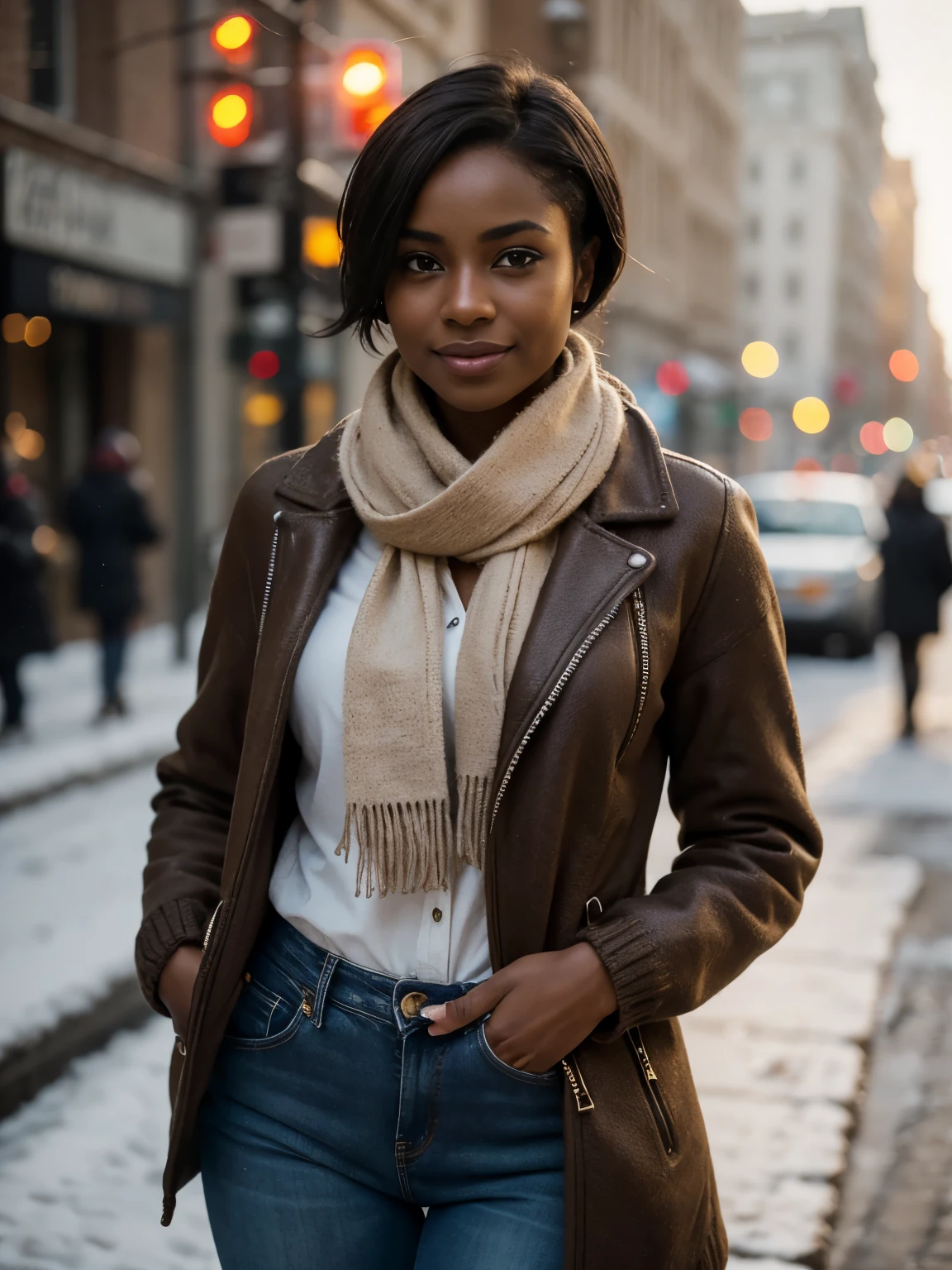 portrait photo of sexy woman in a , (african female, short black hair tied up, brown eyes, beauty skin: 1.3), (laughing), (masterpiece, best quality, intricate details, highly detailed:1.2), close up photo of a mature woman, (dark skin: 1.5), ((zipped warm winter coat), wool jumper, jeans, scarf:1.2), thighs, slender waist, in a city, winter, snow, snowing, sunlight, bokeh