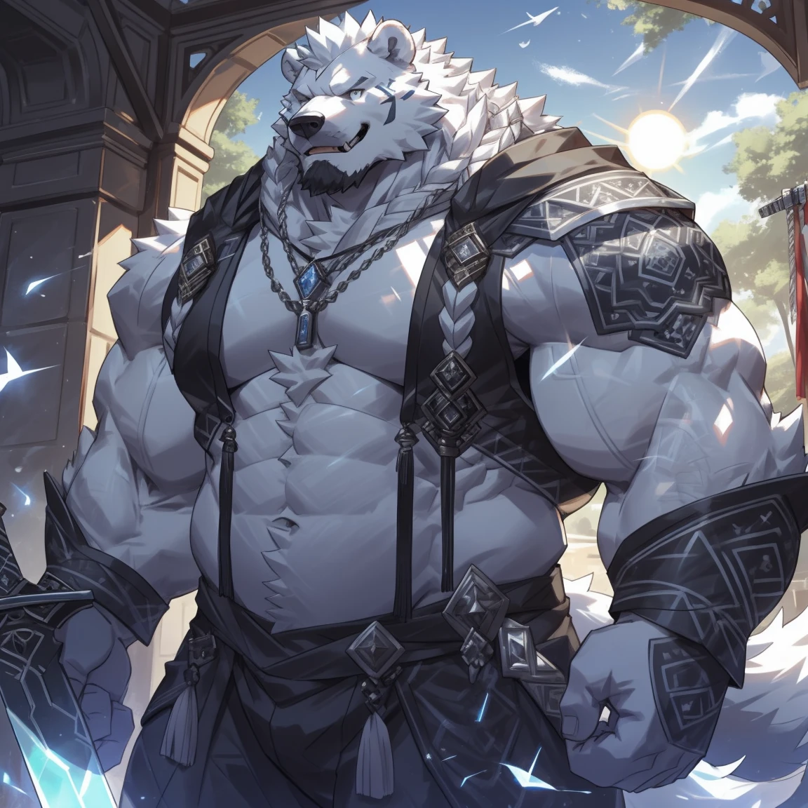 detailed sword , detailed hands, detailed finger, muscular fat furry male white wolf bear sword man, detailed RPG background, white hair, black beard, huge muscular arms, huge muscular chest, huge muscular belly, smiling, ultra detailed, intricate details, sun lighting