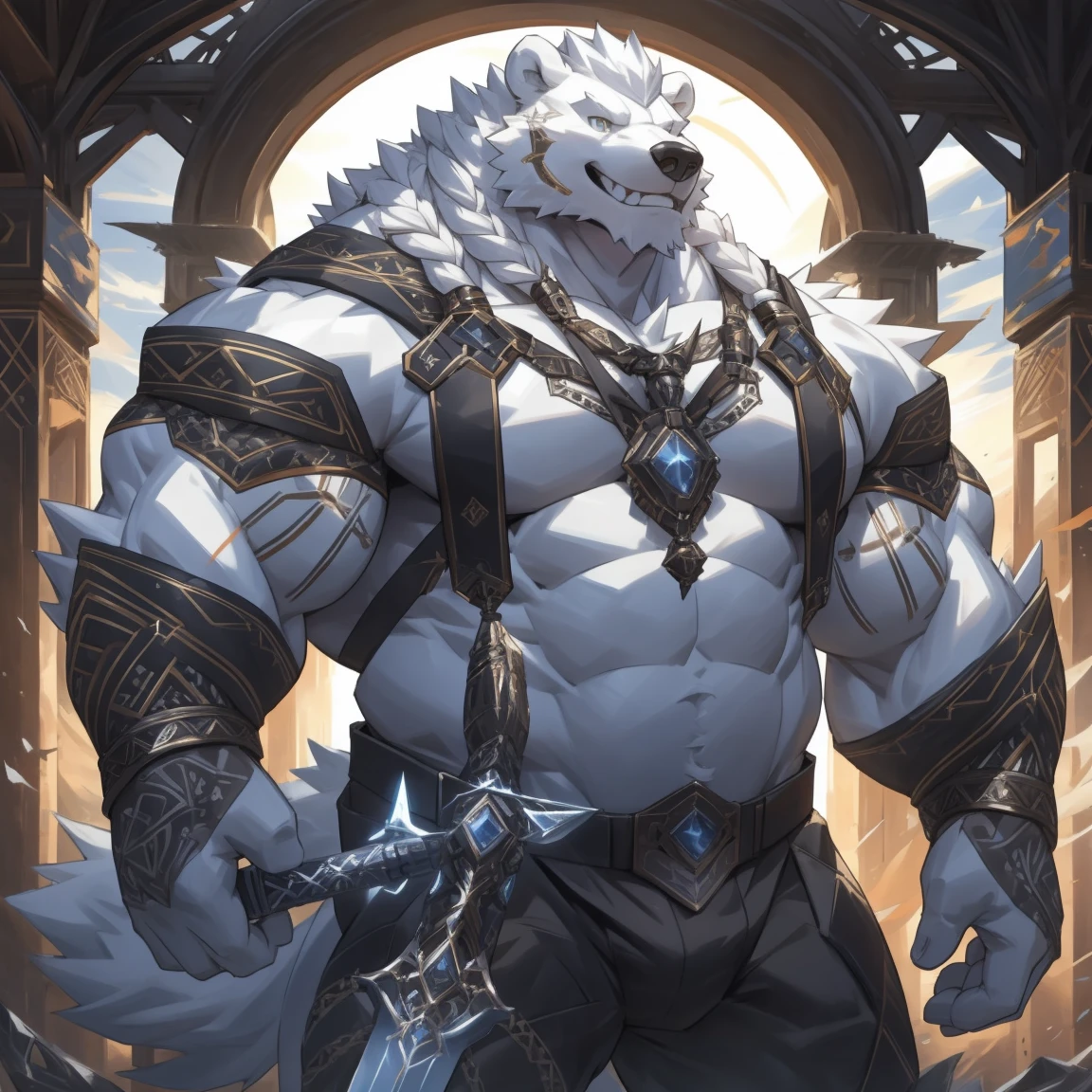 detailed sword , detailed hands, detailed finger, muscular fat furry male white wolf bear sword man, detailed RPG background, white hair, black beard, huge muscular arms, huge muscular chest, huge muscular belly, smiling, ultra detailed, intricate details, sun lighting