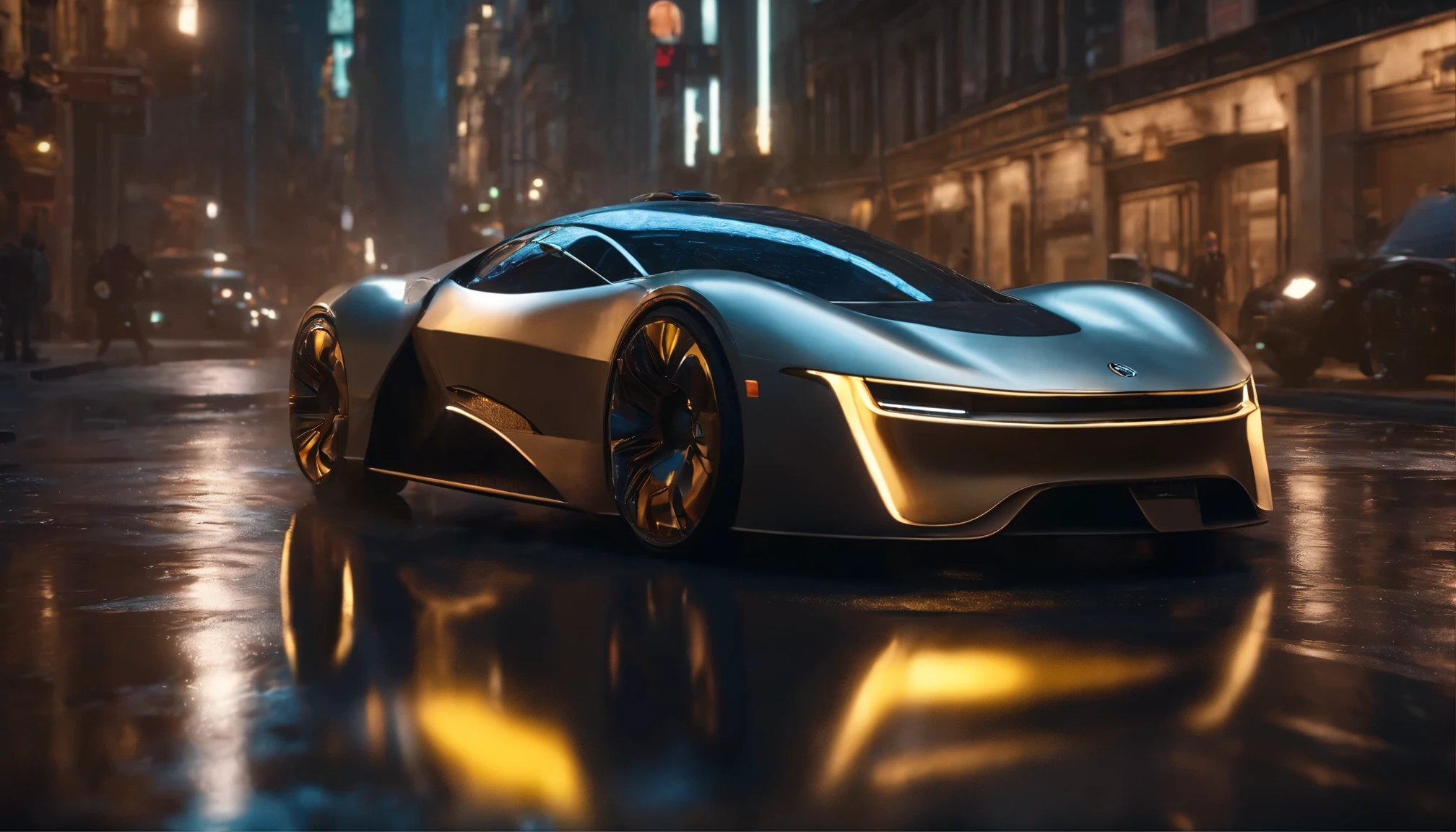 (masterpiece),Ominous futuristic car EV Designs takes center stage, Wet reflective pavement, iridescent paint, highly detailed rims, glowing rims, View from the front, Futuristic city background, prime time, [Cyberpunk Night City:1.3], 8K DSLR, Sharp, tack sharp, Intricate details, Masterpiece, Golden ratio, Highest quality, hdr, Photorealistic, insane quality, Best quality, Extremely detailed, Highest detail, Highly detailed, Incredibly detailed, Detailed, Realistic, 8K UHD, High quality

