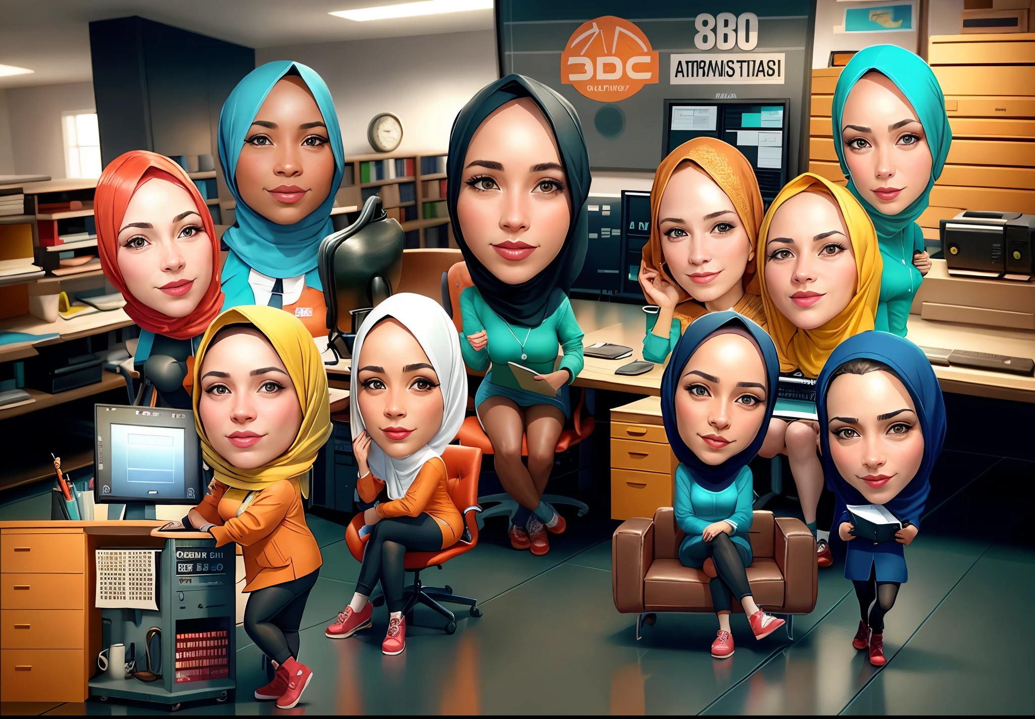 A team of women in the office as administration, wearing hijabs and orange uniforms, office work desk background, portrait caricature, detail, hyperrealism, 8k, high contrast, high color saturation, high definition, full ultra hd detail, realistic image