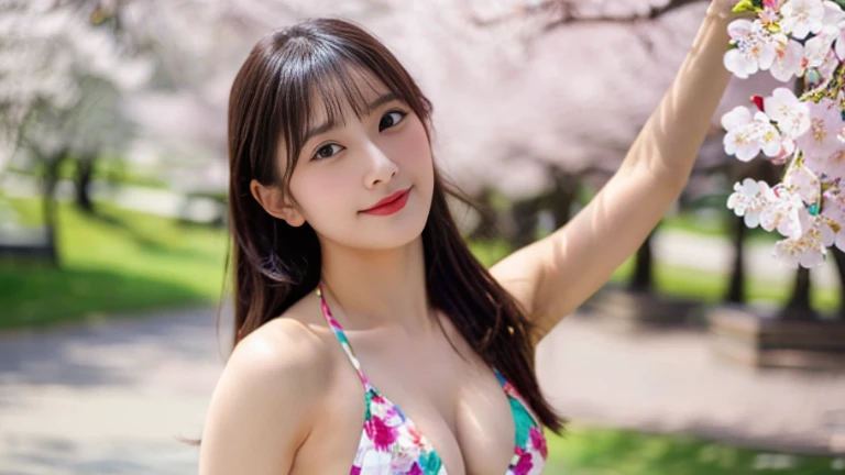 ((Best Quality, 8k, Masterpiece: 1.3)), ((nsfw)), Photo of a beautiful Japanese idol and a pretty idol, cherry blossoms in full bloom on background, cherry blossom trees, bikini, swimsuit,