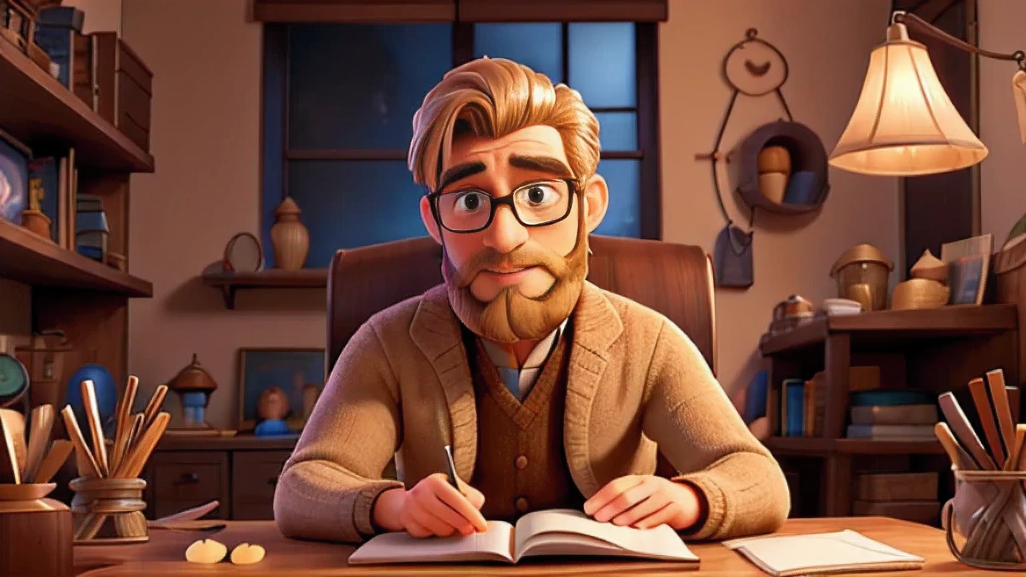 Capture the intimate details of a man in his thirties, (Spencer stetson) with a comforting beard framing his face and blonde hair falling gently over his forehead. The warmth of a cozy setting envelopes him as soft, ambient light highlights his features. His expressive eyes convey a sense of kindness and gentleness, creating an inviting atmosphere for storytelling. Set the scene with the man comfortably nestled in a cozy armchair, surrounded by warm, muted tones of a well-lit room. Gentle shadows play on his face, emphasizing the contours of his well-groomed beard. He wears a pair of stylish reading glasses perched on the bridge of his nose, adding a touch of sophistication to his appearance. The man's eyes, focused on a storybook held in his hands, sparkle with a subtle enthusiasm as he immerses himself in the world of bedtime tales. His facial expressions suggest a genuine connection to the narrative, evoking a sense of captivation and wonder. Every detail, from the crinkles near his eyes that appear with a smile to the slight furrow of his brow when deep in thought, adds authenticity to the scene. In the background, a soft, inviting glow emanates from a lamp, casting a gentle halo around the man's silhouette. The cozy setting includes elements like a well-loved blanket draped over the armchair, a neatly organized bookshelf with a variety of bedtime storybooks, and perhaps a warm mug of tea resting on a nearby table. This close-up image prompt captures the essence of a serene and enchanting moment—a man in his thirties, with a beard and blonde hair, finding solace in the ritual of reading bedtime stories. The intricate details of his face and the comforting setting invite viewers to share in the tranquility of this bedtime storytelling experience.
