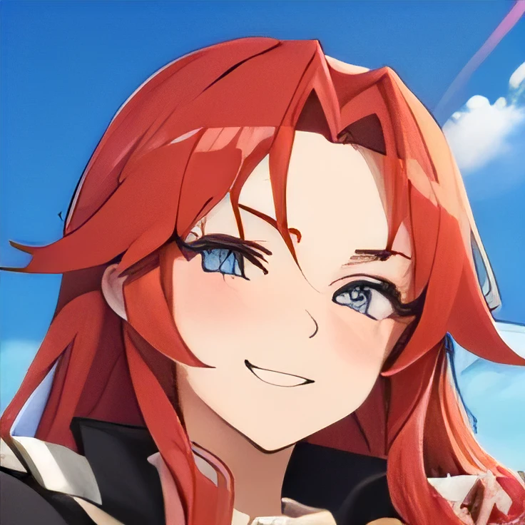 Make the face of a female anime character with long red hair by winking one of her eyes