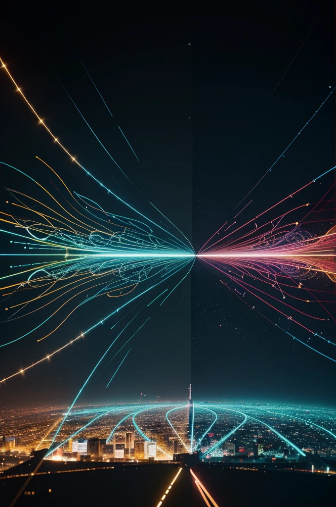 Represent abstract connections between elements using lines, shapes and color overlays. Explore the idea of invisible relationships that connect different aspects of life.