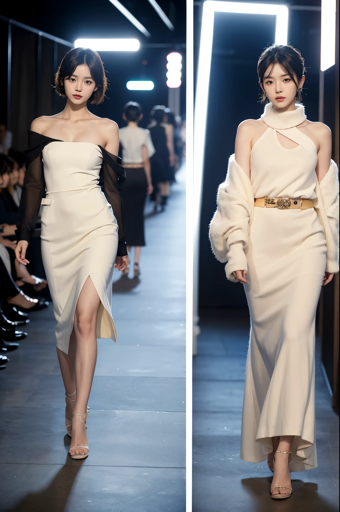 South Korean woman, very beautiful, perfect face, very short hair, she is a model and is parading on the catwalk in clothes from fashion week Paris, perfect full body, she is being photographed