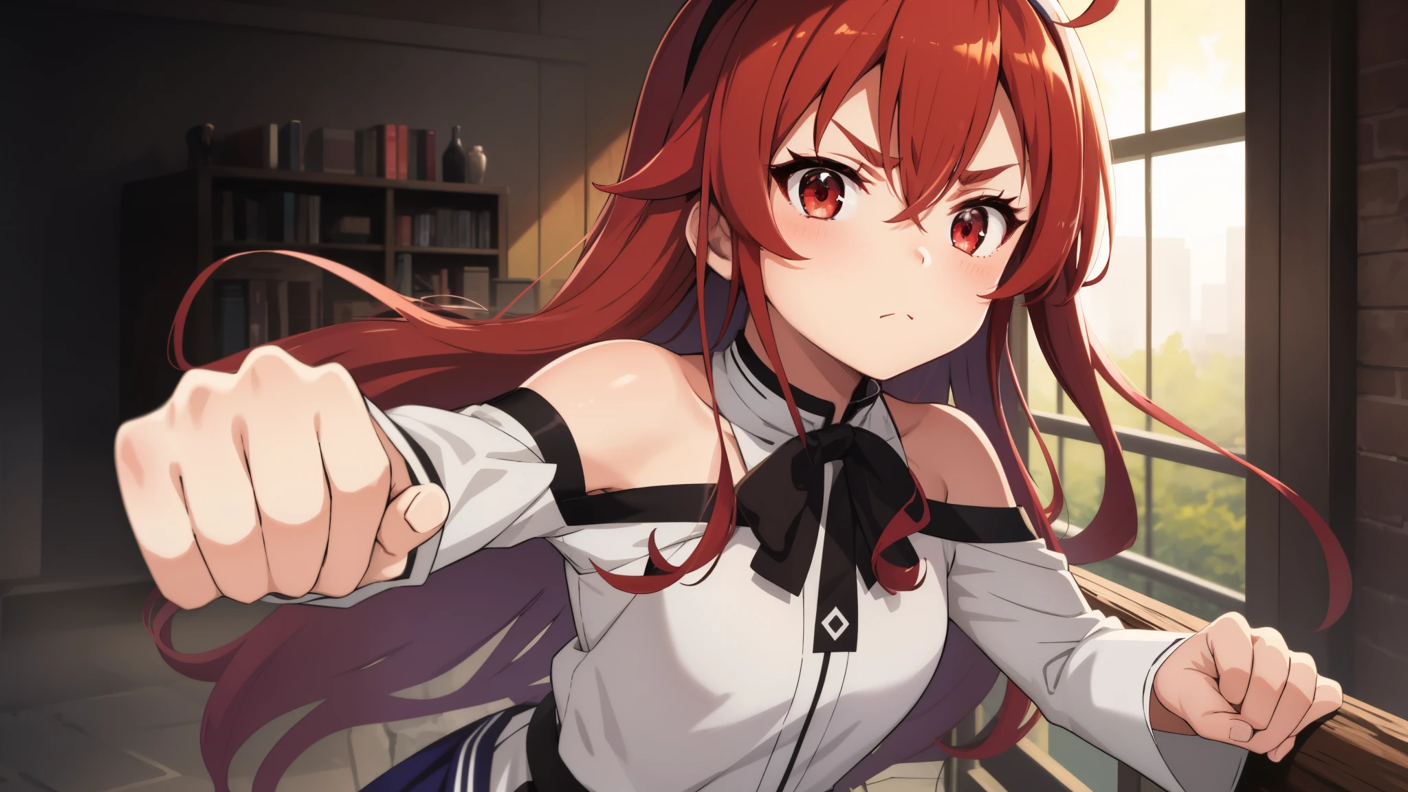 masterpiece, highest quality, 8K, 超High resolution, highest quality, anime style, best writing, beautiful face, Eris Greyrat, (1 girl:1.3), alone, Ahoge, bangs, bare shoulders, black hair band, closed mouth, Clothing clippings, white clothes, hair between eyes, hair band, long hair, long sleeve, looking at the viewer, red eyes, redhead, shoulder cutout, Background of the mansion, ruffle skirt, alone, High resolution, harm, mushoku tensei, Close-up, (punching:1.3)