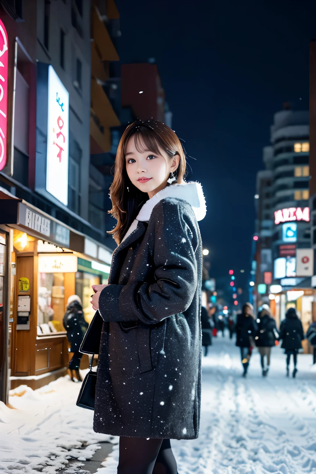 Japanese ID ,((cute ,:1.2)),(8K, RAW photo, Super detailed, highest quality:1.2), (realistic, Photoreal:1.4), (very detailed, ultra high resolution ,beautiful, table top:1.2), ,very detailed顔と目,shiny skin,(Upper body:1.professional lighting,soft light, sharp focus, Depth of written boundary,medium hair,earrings, (coat:1.3),(Snowy urban nightscape with city lights and snow-covered buildings, people walking in coats:1.3)
