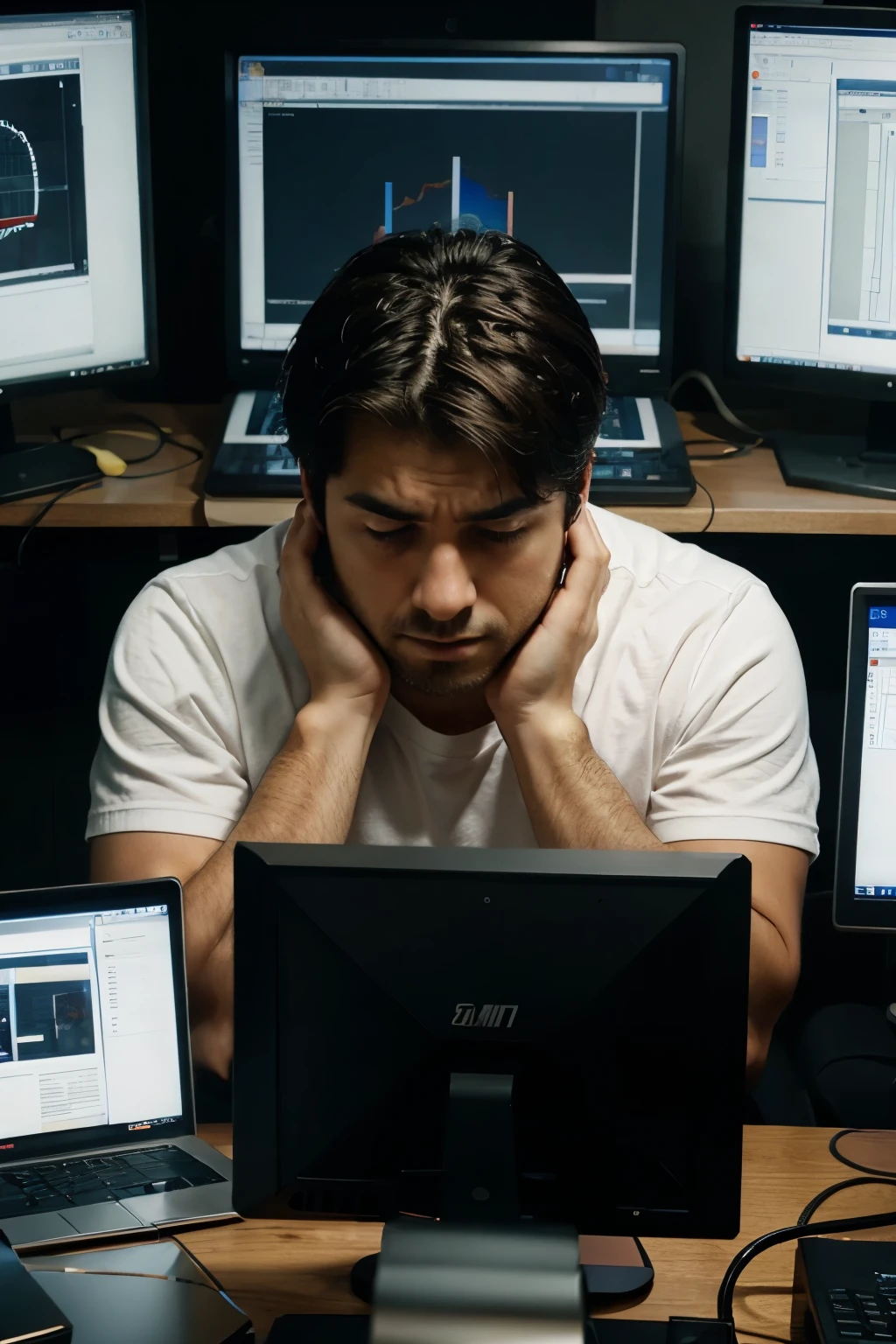 man sad looks to graphics in a computer screen
