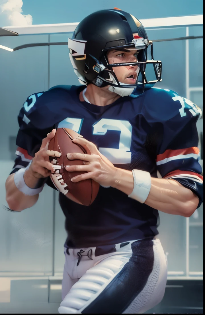 an american quarter back in a football game ready to launch the ball