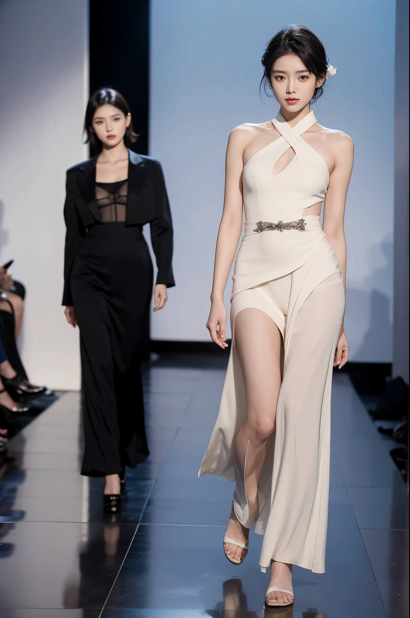 South Korean woman, very beautiful, perfect face, very short hair, she is a model and is parading on the catwalk in clothes from fashion week Paris, perfect full body, she is being photographed