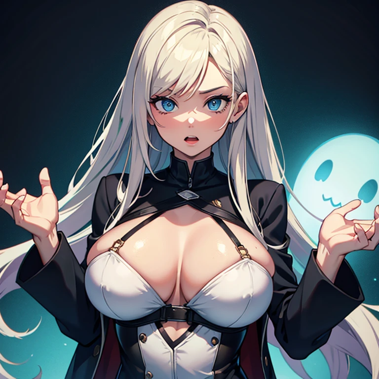Girl dressed as a scream Ghost movie, with big breasts and the suit highlighting her stuffed body