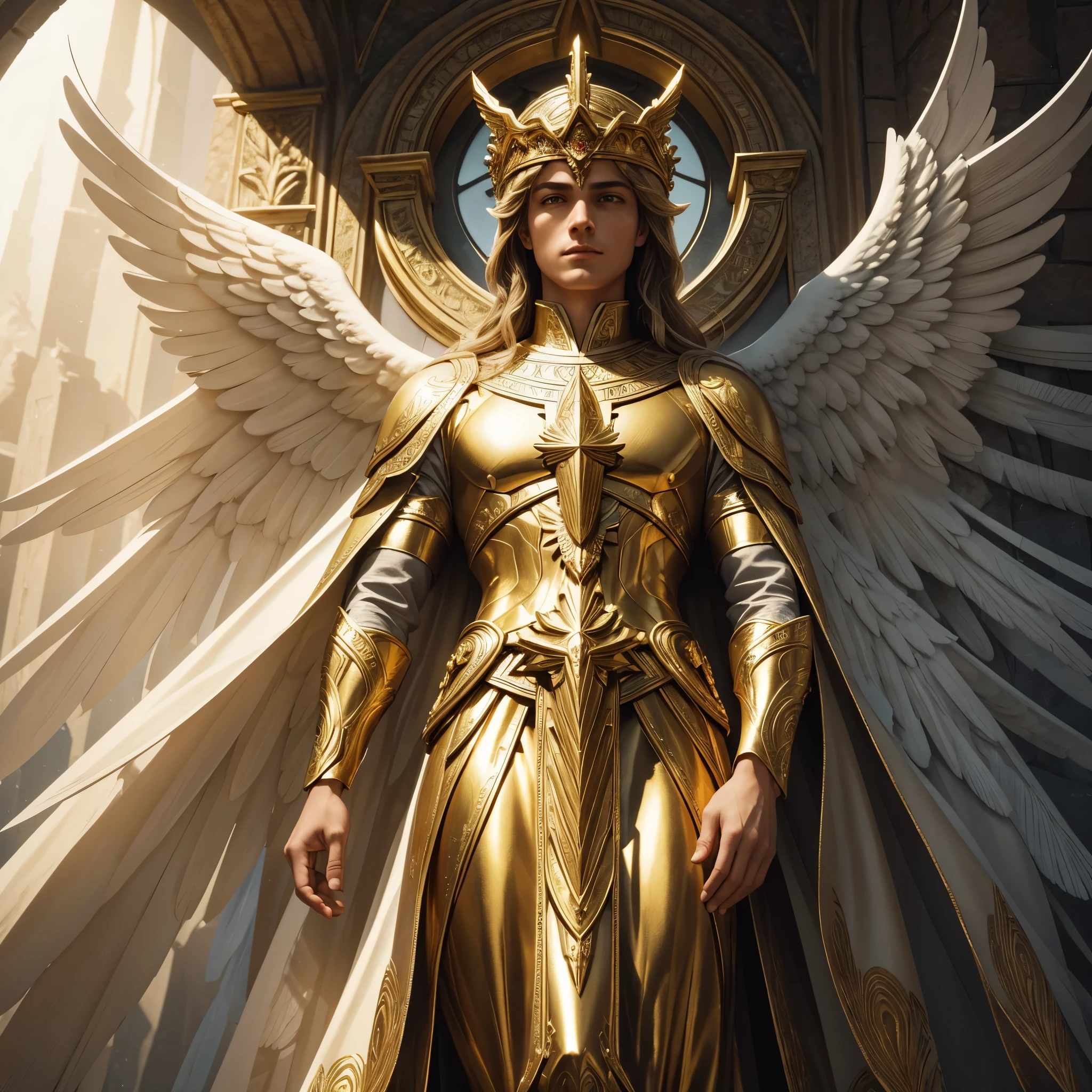 A breathtaking masterpiece of Archangel Gabriel, standing proudly atop a towering mountain peak, overlooks an expansive and serene landscape below. With a divine aura enshrouding his celestial figure, Gabriel's ethereal silhouette exudes an awe-inspiring presence. The mood evokes a sense of transcendence and contemplation as the archangel gazes upon the world from his lofty perch.

Majestically bathed in the golden rays of sunlight, the artistic representation of Gabriel is grand in its intricacy and detail. The graphic design boasts an ultra-realistic approach, capturing every minute detail of the archangel'