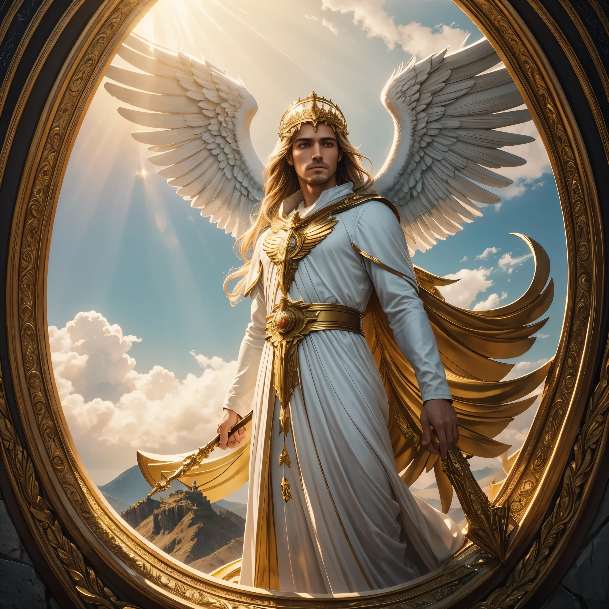 A breathtaking masterpiece of Archangel Gabriel, standing proudly atop a towering mountain peak, overlooks an expansive and serene landscape below. With a divine aura enshrouding his celestial figure, Gabriel's ethereal silhouette exudes an awe-inspiring presence. The mood evokes a sense of transcendence and contemplation as the archangel gazes upon the world from his lofty perch.
Majestically bathed in the golden rays of sunlight, the artistic representation of Gabriel is grand in its intricacy and detail. The graphic design boasts an ultra-realistic approach, capturing every minute detail of the archangel'
