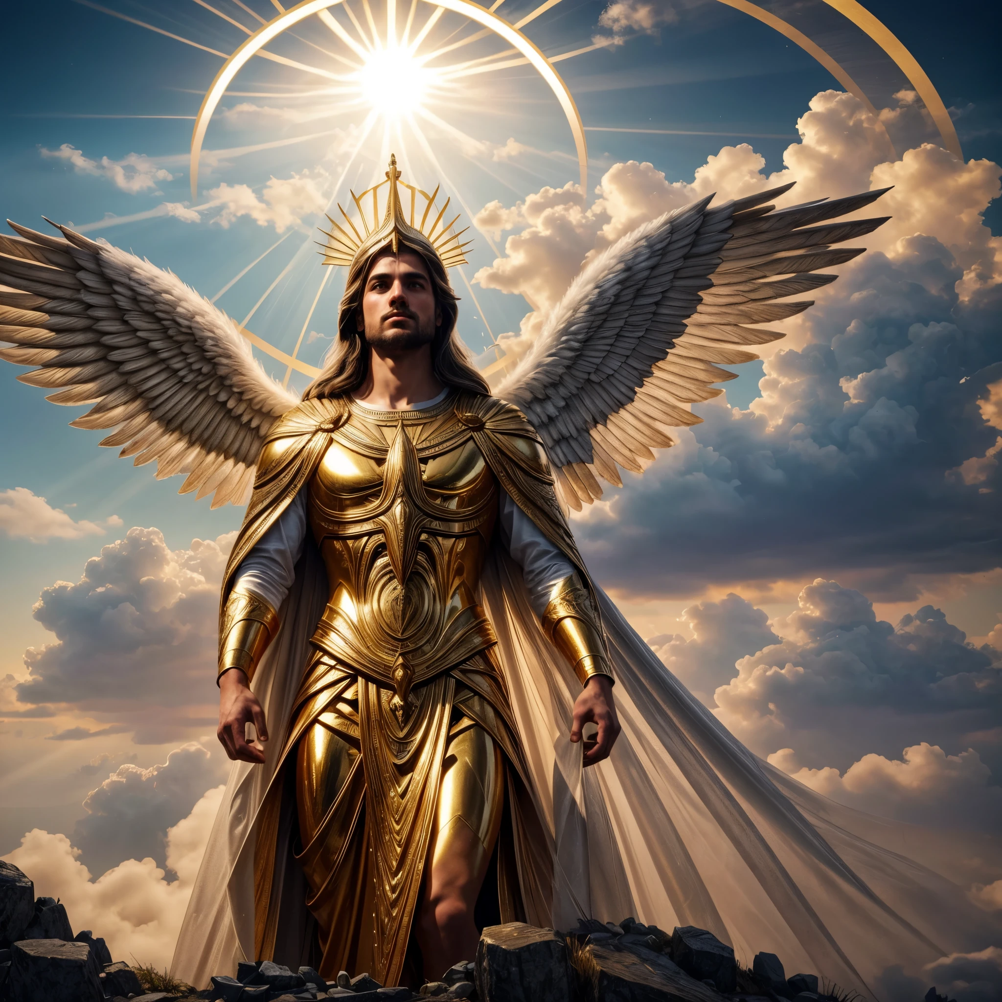 A breathtaking masterpiece of Archangel Gabriel, standing proudly atop a towering mountain peak, overlooks an expansive and serene landscape below. With a divine aura enshrouding his celestial figure, Gabriel's ethereal silhouette exudes an awe-inspiring presence. The mood evokes a sense of transcendence and contemplation as the archangel gazes upon the world from his lofty perch. Majestically bathed in the golden rays of sunlight, the artistic representation of Gabriel is grand in its intricacy and detail. The graphic design boasts an ultra-realistic approach, capturing every minute detail of the archangel'